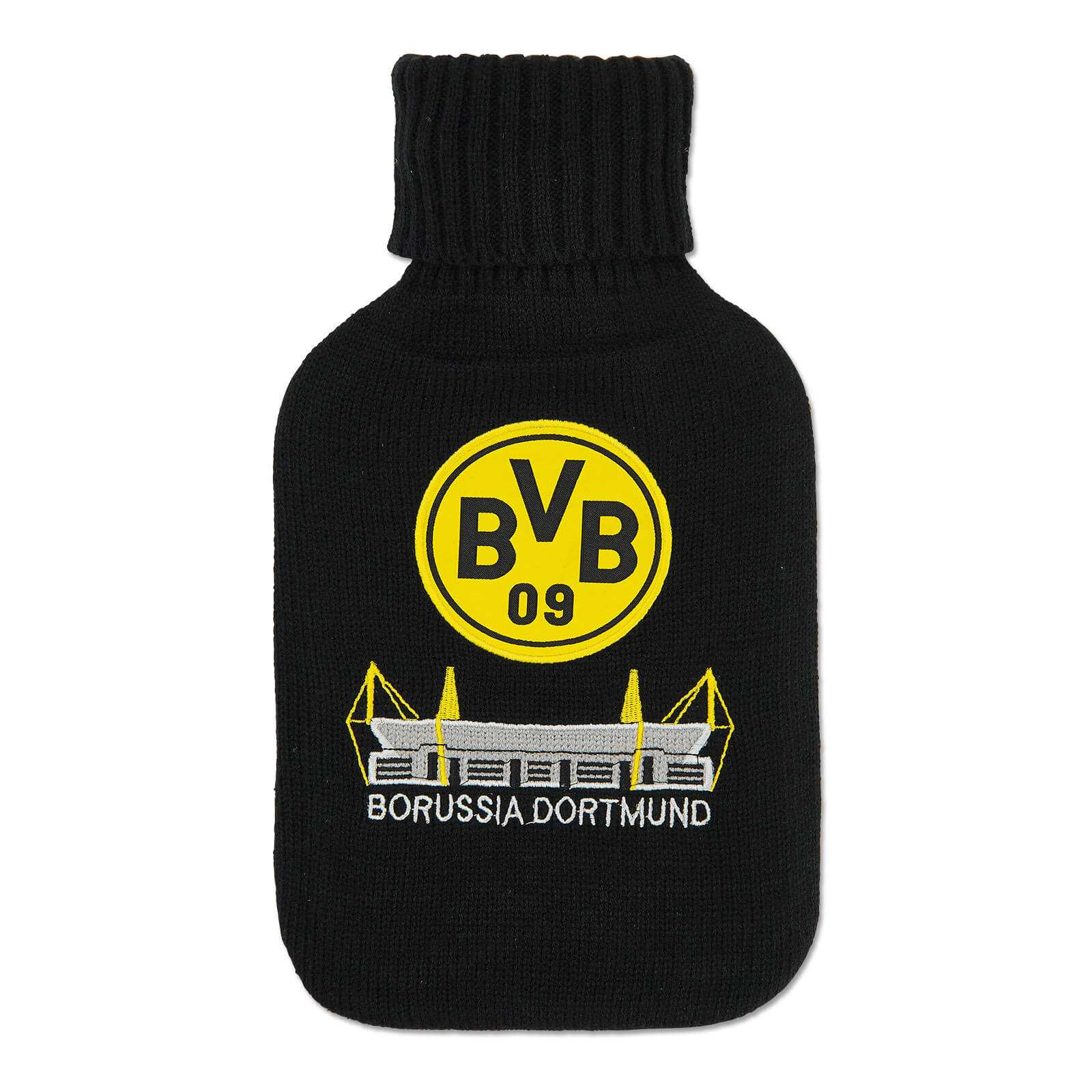 Vorderansicht der BVB-Wärmflasche mit schwarzem Bezug, großem BVB-Emblem in schwarzgelb und gesticktem SIGNAL IDUNA PARK Motiv.