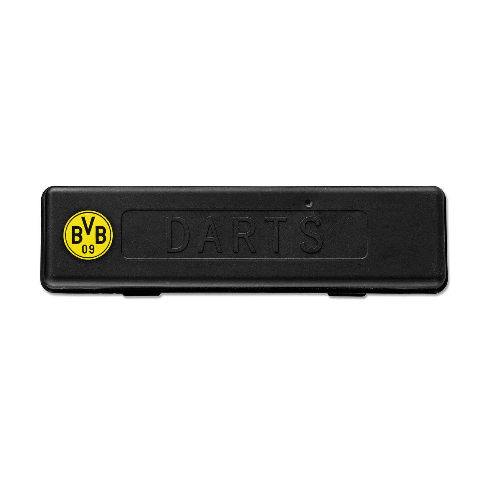 Vorderansicht der schwarzen Aufbewahrungsbox der BVB-Dartpfeile mit geprägtem Schriftzug "DARTS" und BVB-Emblem in schwarzgelb auf dem Deckel.