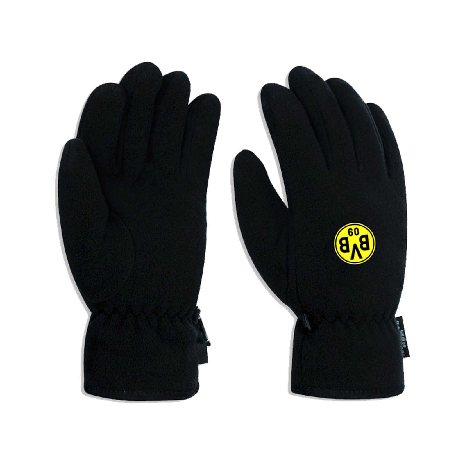 Vorderansicht der schwarzgelben BVB-Fleecehandschuhe, einer zeigt das gelbe BVB-Emblem auf dem Handrücken. Beide Handschuhe liegen nebeneinander.