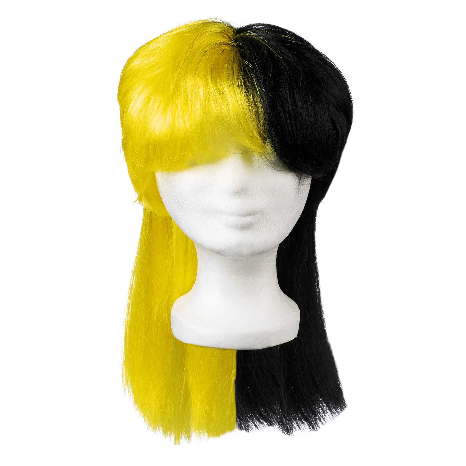Frontale Ansicht der BVB-Perücke (lang) auf einem weißen Kopfmodell, mit langen haaren in schwarzgelber Zweiteilung.