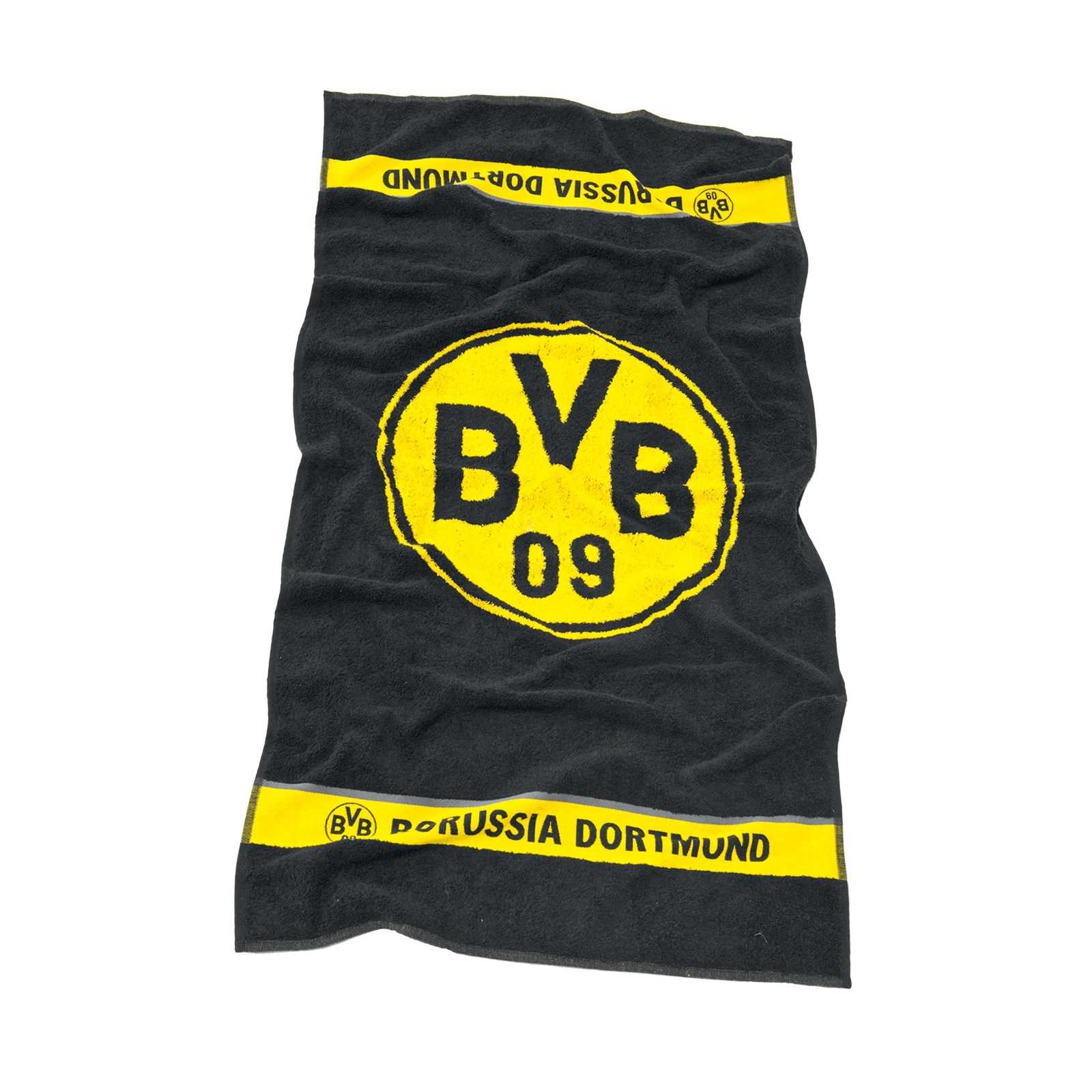 Vorderansicht des schwarzgelben BVB-Duschtuchs Emblem 70x140 cm mit großem BVB-Emblem und gelben Streifen mit „Borussia Dortmund“-Schriftzug.