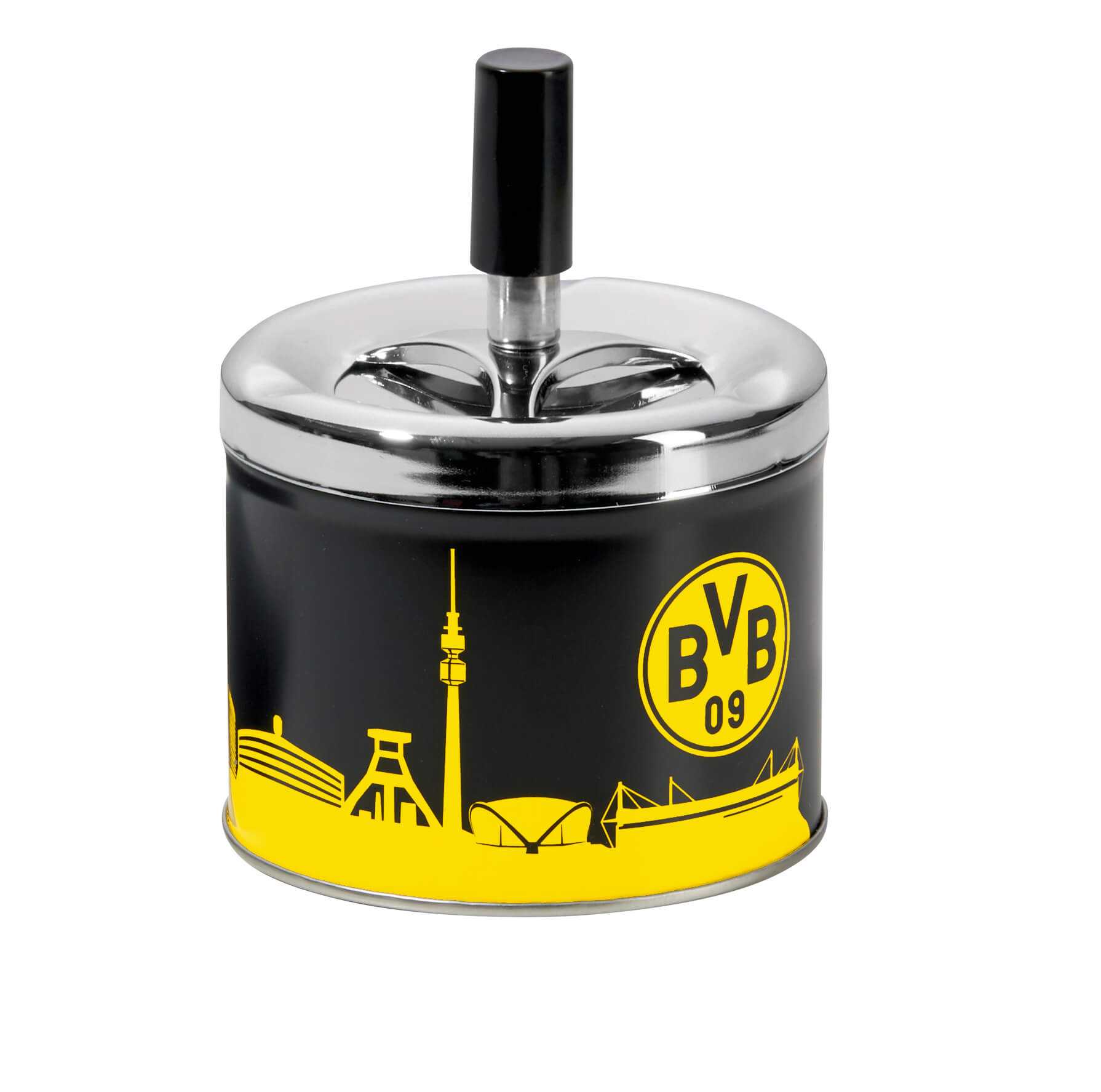 Frontalansicht des BVB-Aschenbechers mit Deckel in schwarzgelb, Stadtsilhouette und großem BVB-Emblem auf der Vorderseite.