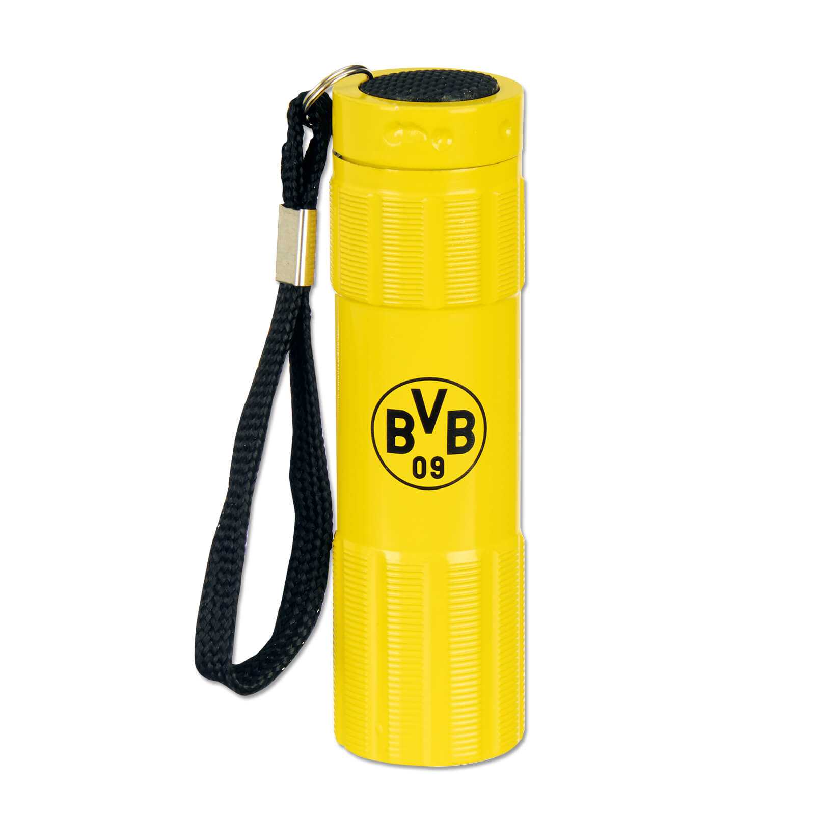 Frontalansicht der gelben BVB-Taschenlampe mit schwarzem BVB-Emblem und schwarzer Handschlaufe.