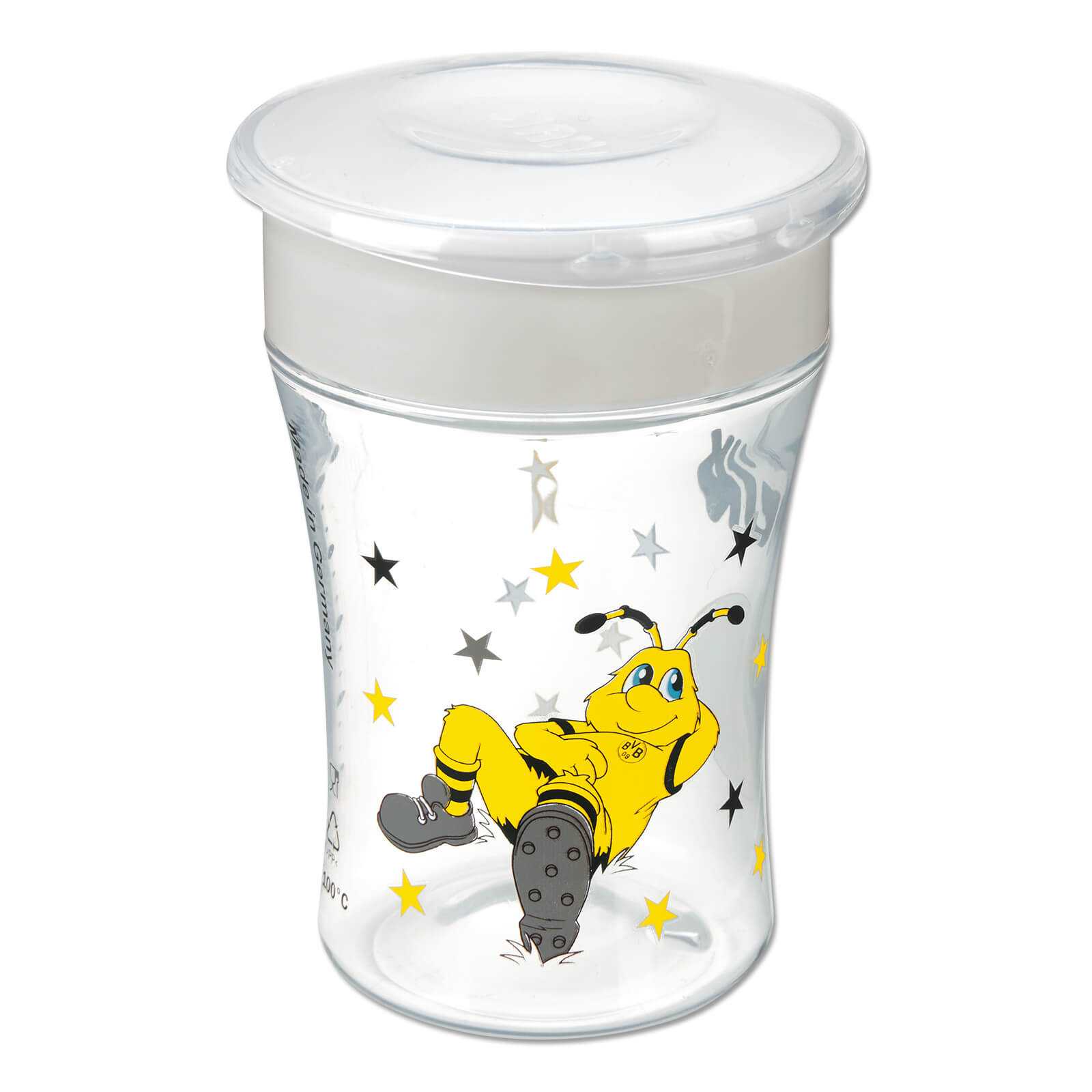 Vorderansicht des durchsichtigen BVB-Magic-Cups mit EMMA-Motiv und schwarzgelben sowie silbernen Sternen auf dem Becher.