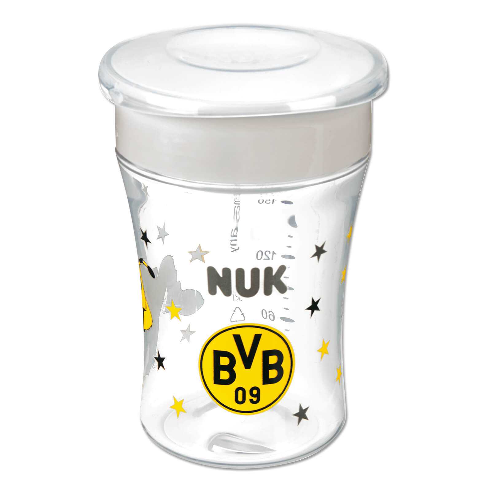 Vorderansicht des transparenten BVB-Magic-Cups von NUK mit BVB-Emblem und schwarzgelben Sternen. Der Becher hat einen weißen Deckel.