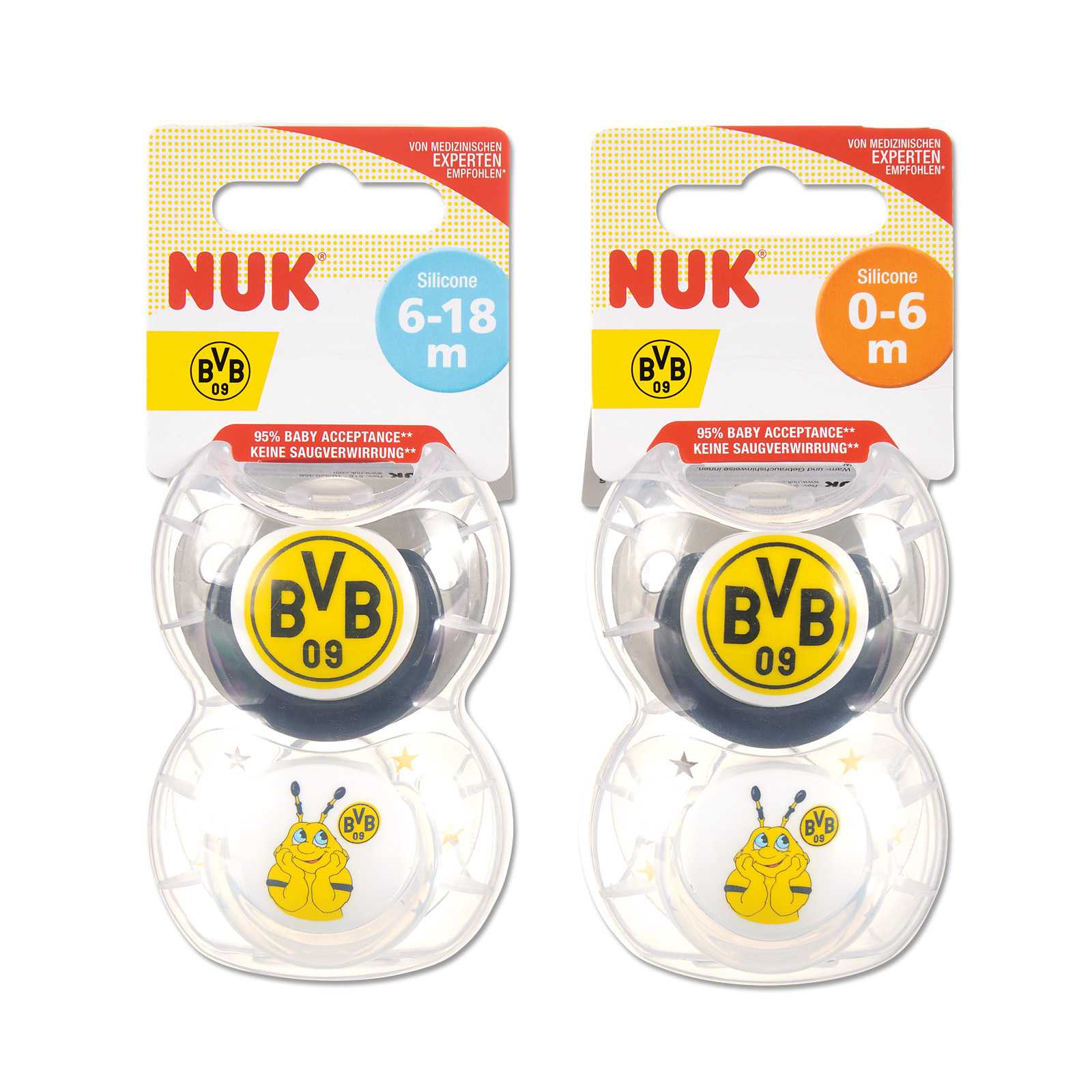 Vorderansicht des BVB-Schnullersets NUK mit zwei schwarzgelben Schnullern, BVB-Emblem und EMMA-Motiv, Verpackung für Babys von 0–6 und 6–18 Monaten sichtbar.