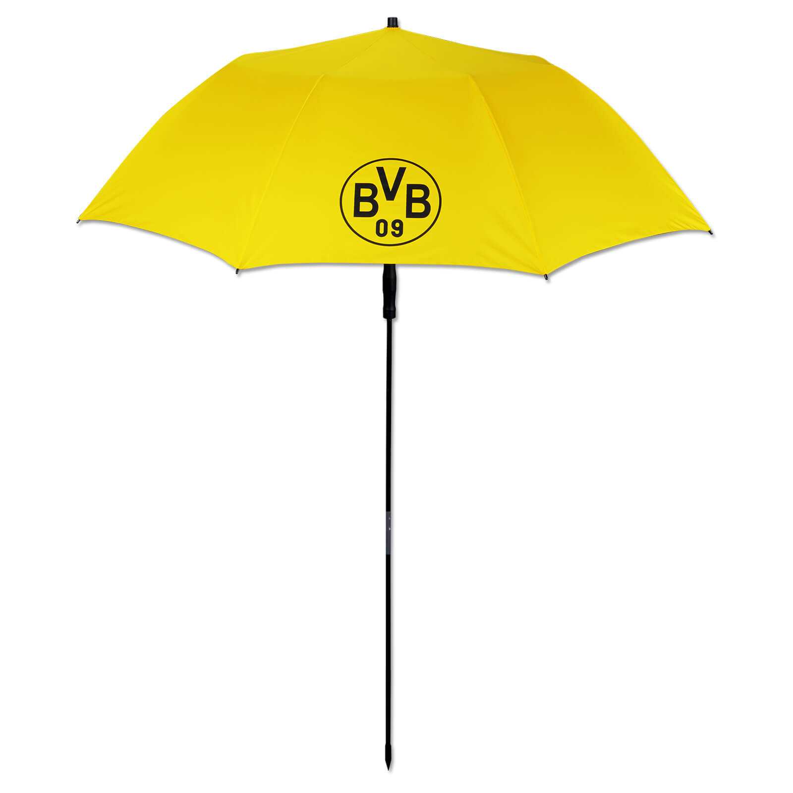 Vorderansicht des BVB-Strand-Sonnenschirms in leuchtendem Gelb mit großem, zentral platziertem BVB-Emblem und schwarzem Stab.