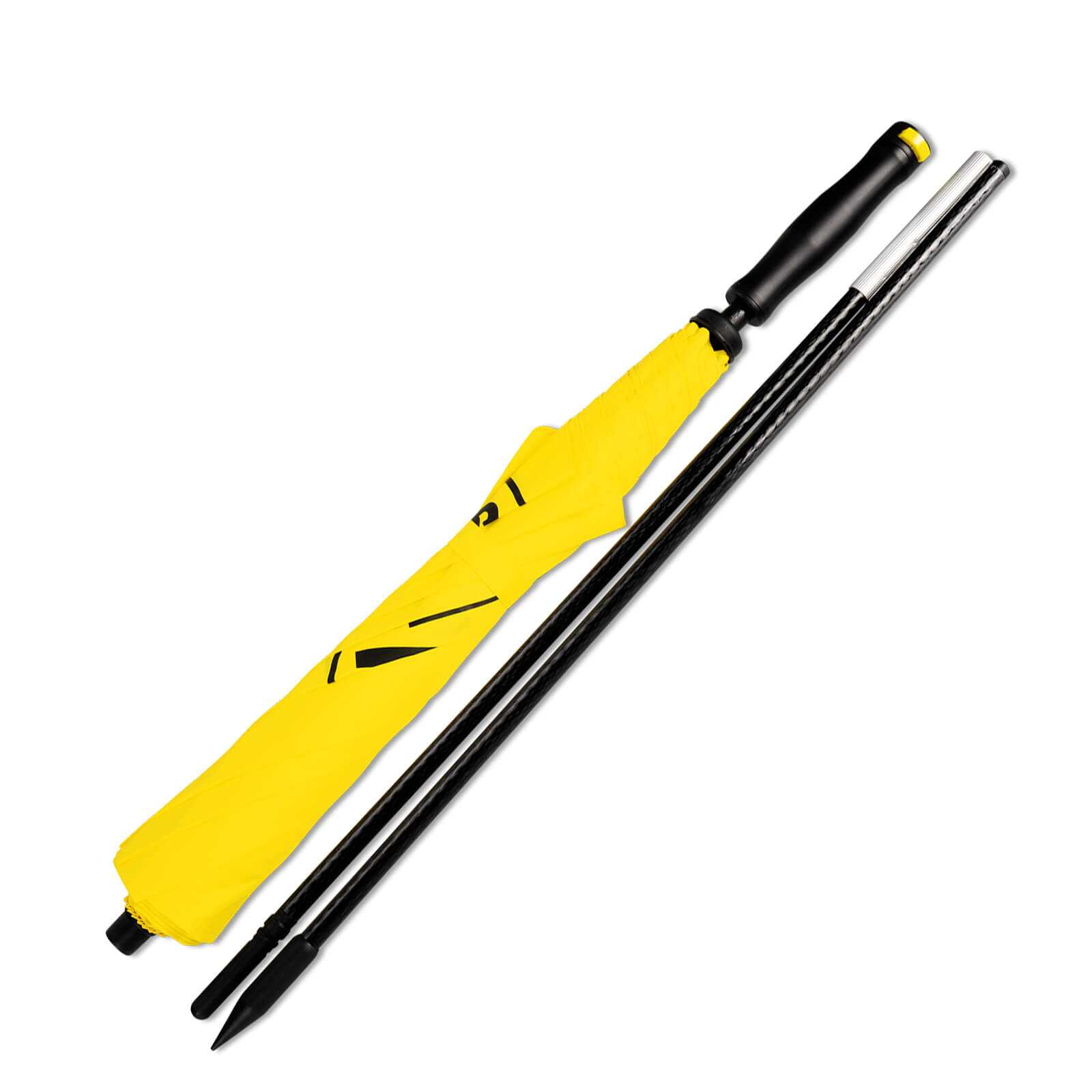 Detailansicht des zusammengelegten BVB-Strand-Sonnenschirms in schwarzgelb mit schwarzem Griff und separatem Stab.