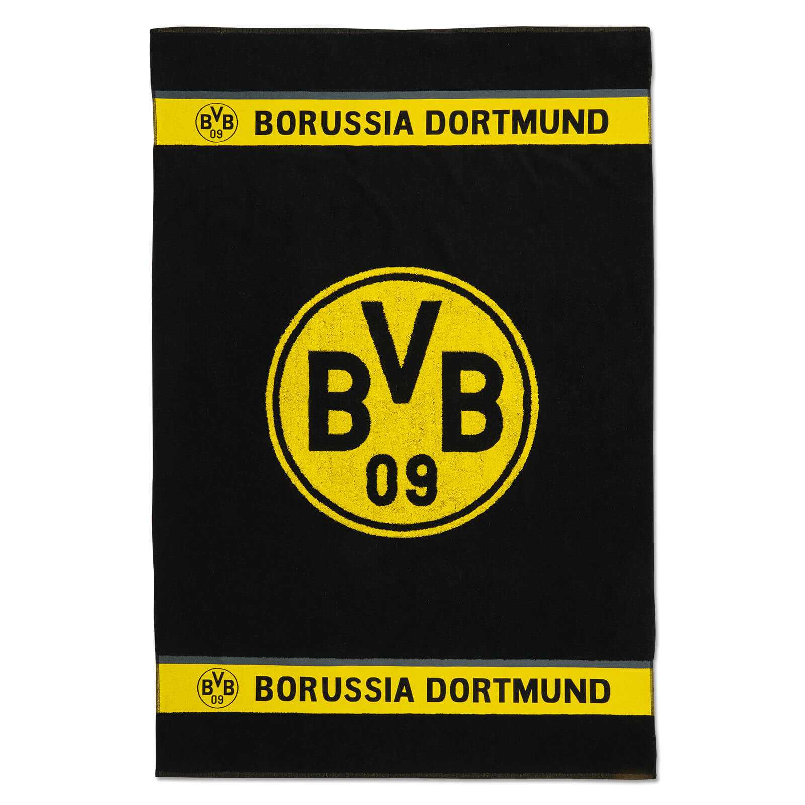 Frontalansicht des BVB-Badetuchs Emblem 100x150 cm in schwarzgelb mit großem mittigem BVB-Emblem und gelben Streifen mit „BORUSSIA DORTMUND“-Schriftzug an den Enden.