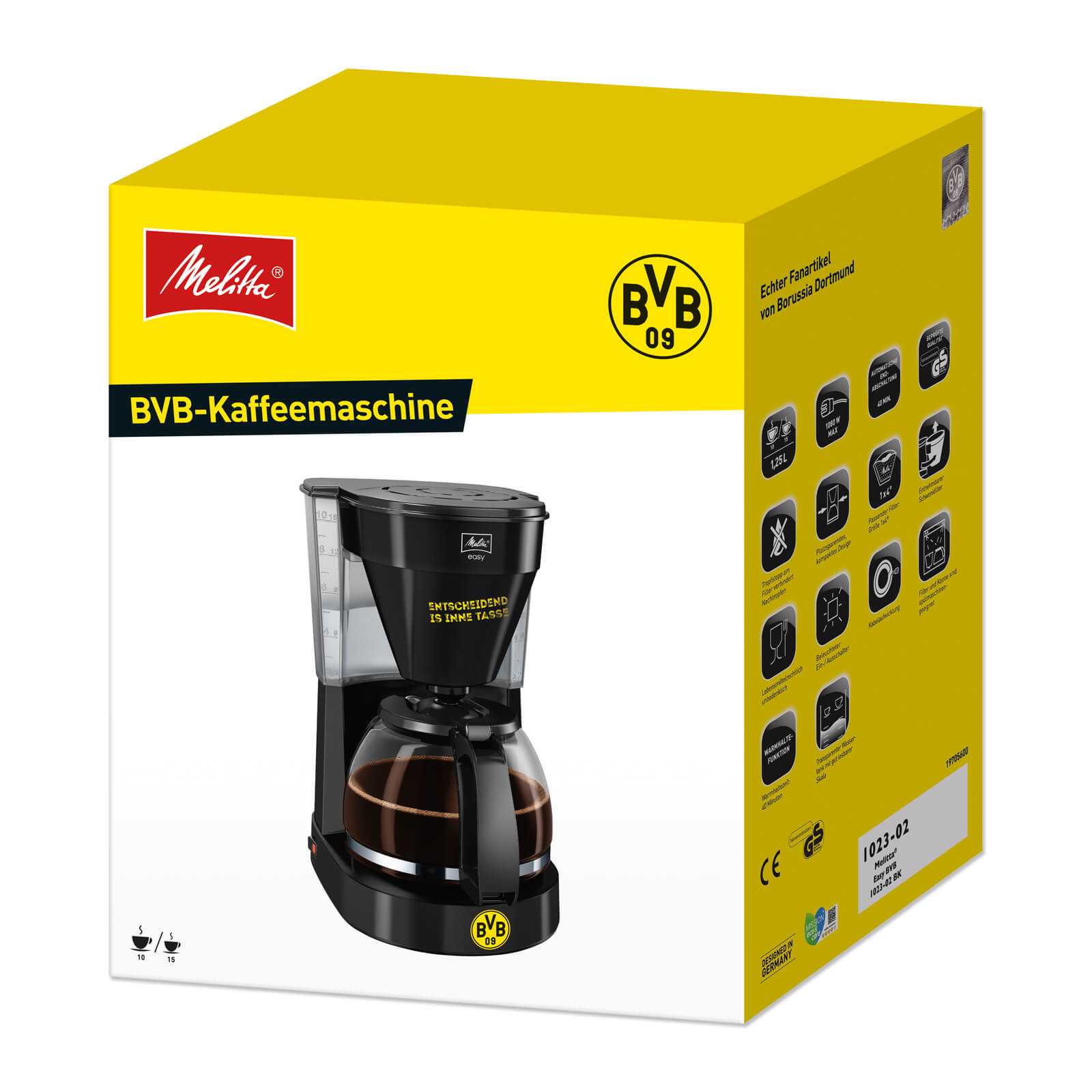 Verpackung der schwarzgelben BVB-Kaffeemaschine von Melitta mit großem BVB-Emblem und BVB-Farben, Vorderansicht der Maschine abgebildet.