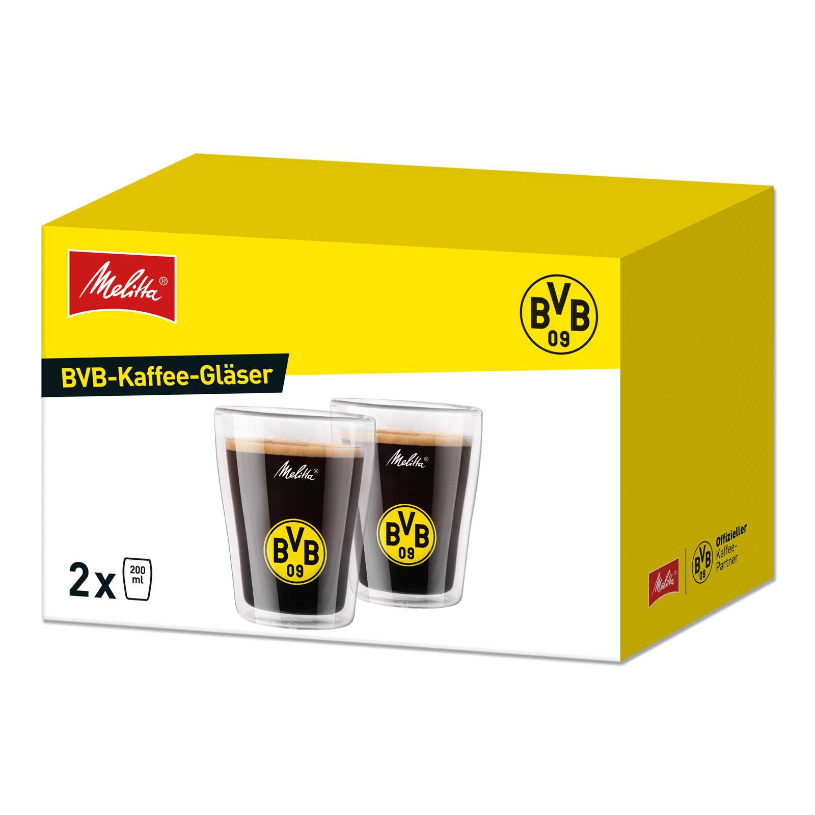 Vorderansicht der Verpackung der BVB-Kaffee-Gläser doppelwandig (2er-Set) von Melitta, mit schwarzgelbem BVB-Emblem und Melitta-Logo auf den Gläsern.