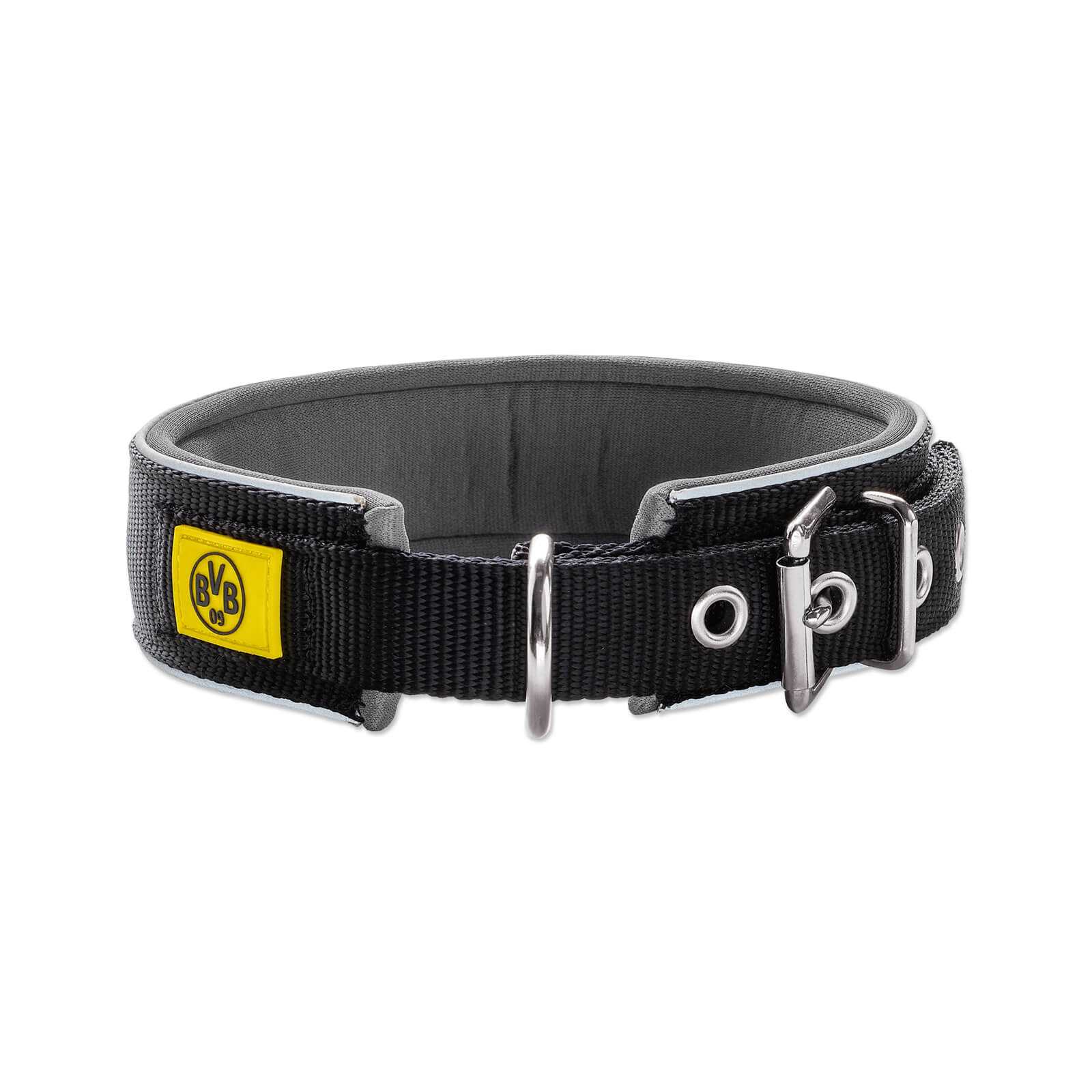 Vorderansicht des BVB-Hunde-Halsbands Neopren mit Reflektor S-M in schwarzgelb mit BVB-Emblem und reflektierenden Details.