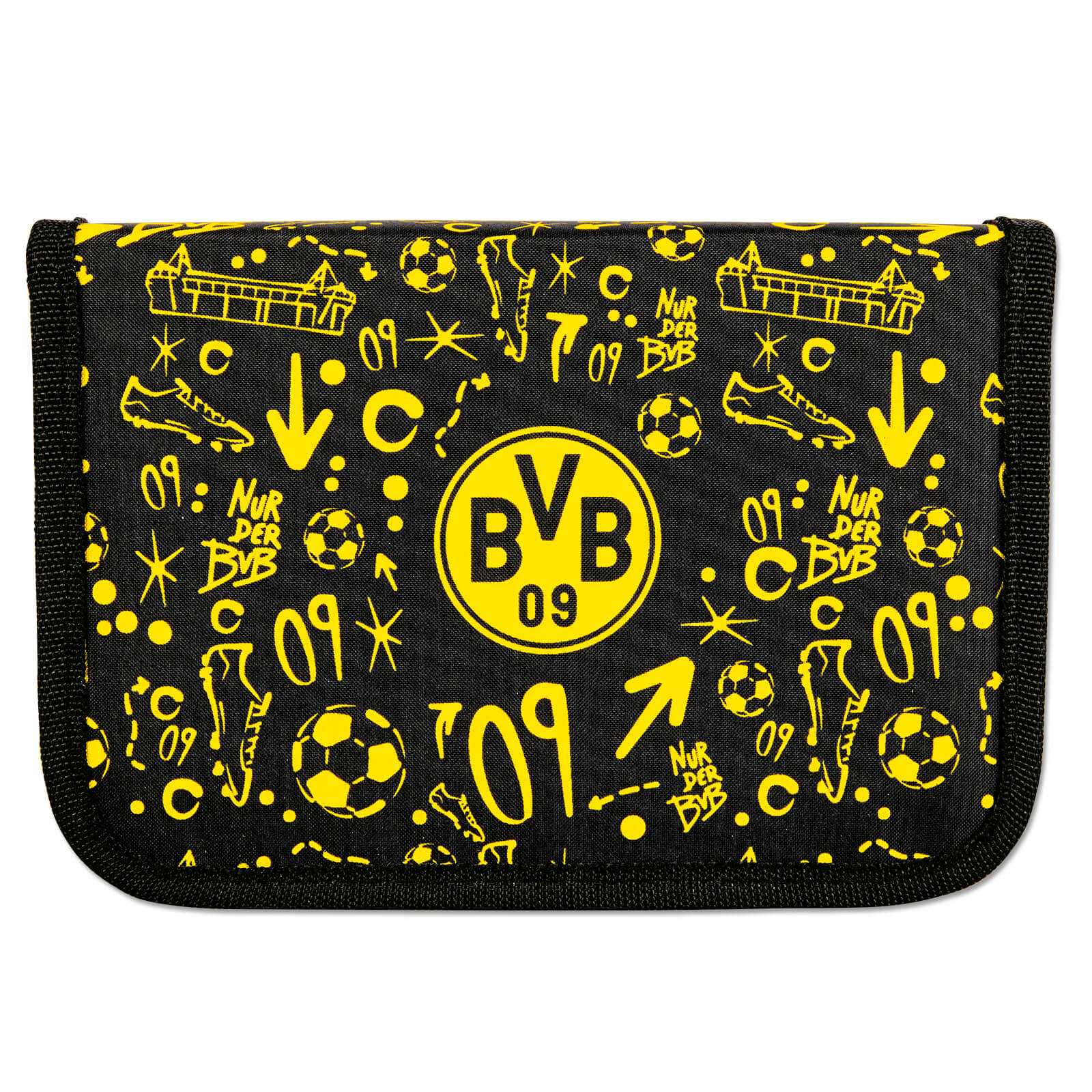 Frontalansicht des schwarzgelben BVB-Etuis mit großem BVB-Emblem und grafischen Mustern wie SIGNAL IDUNA PARK, Fußballschuhen und „Nur der BVB“-Schriftzügen.