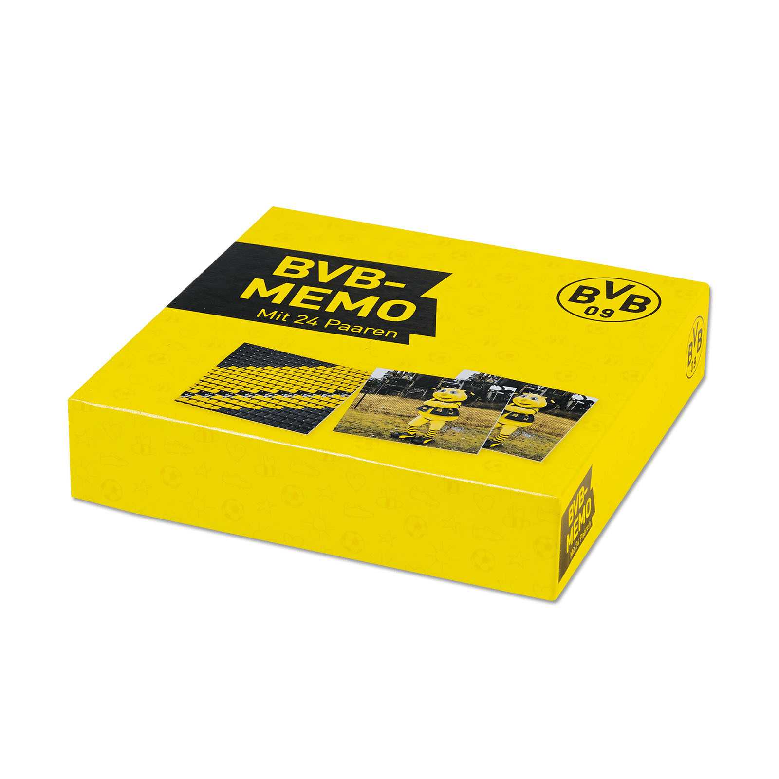 Schrägansicht der gelben Verpackung des BVB-Memo 48tlg. Spiels mit BVB-Emblem und schwarzgelbem Design, Fotos von EMMA und Spielfeldern abgebildet.
