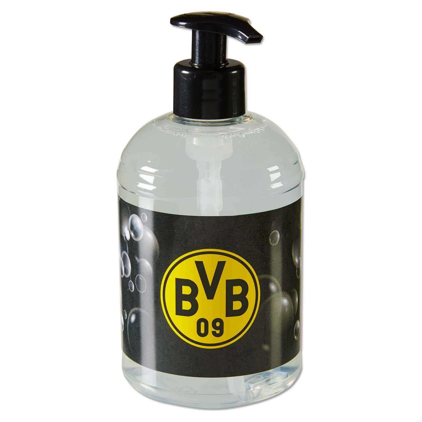 Frontansicht der BVB-Handseife in einem transparenten Spender mit schwarzgelbem BVB-Emblem auf schwarzem Etikett und Seifenblasen-Motiv.