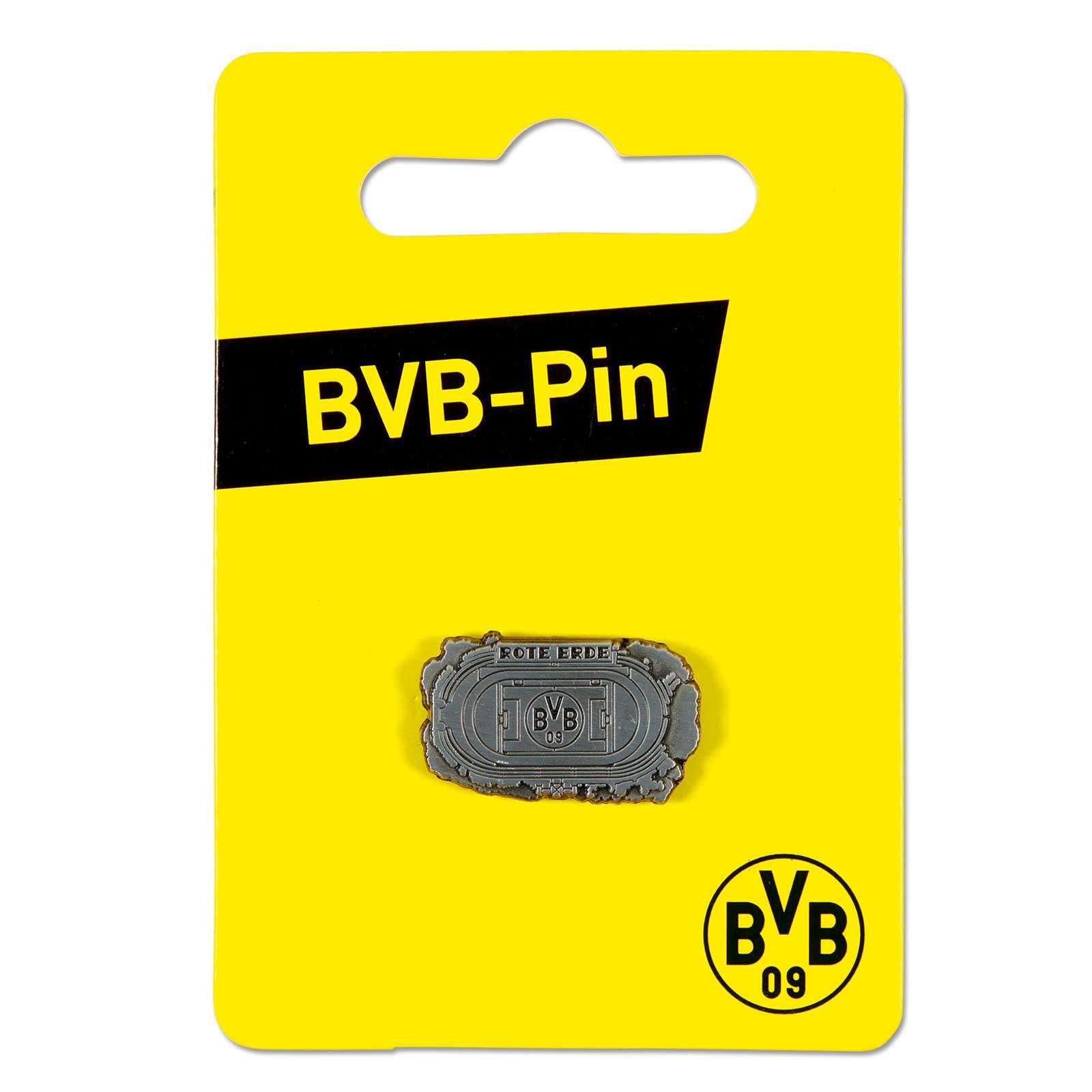 Vorderansicht des BVB-Pin Rote Erde in silber mit Stadionmotiv und BVB-Emblem auf gelber Karte mit schwarzgelbem BVB 09-Logo.