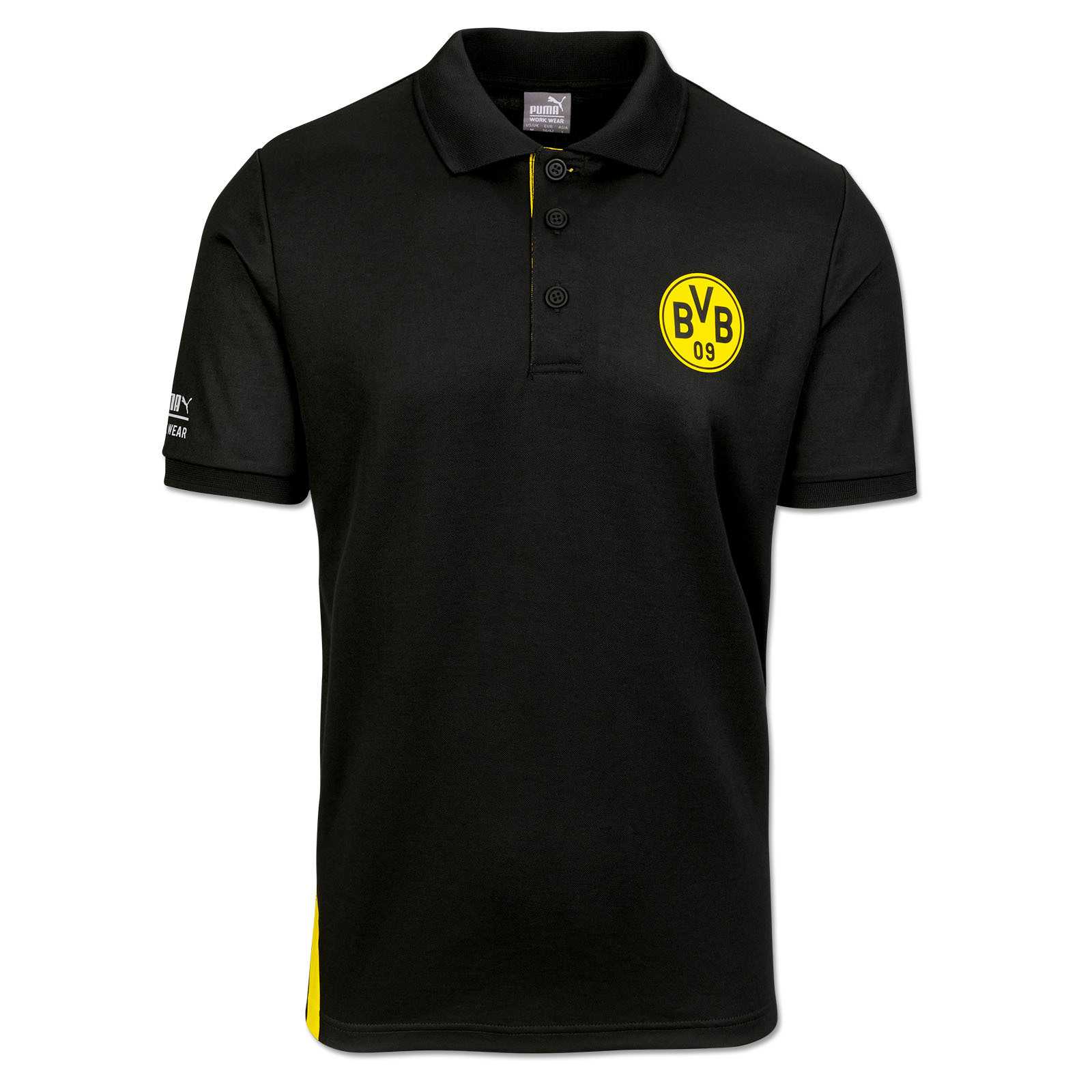 Vorderansicht des schwarzgelben BVB-Polo Arbeitsshirts in Schwarz mit BVB-Emblem auf der linken Brust und Puma-Logo am Ärmel.