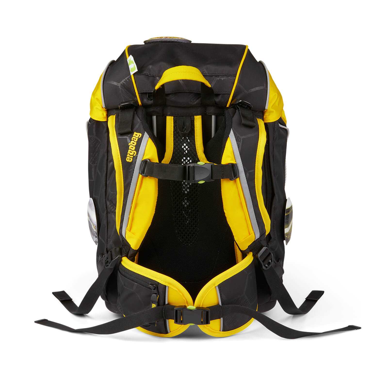 Rückansicht des schwarzgelben BVB-Schulrucksack-Sets ergobag pack mit gepolsterten Trägern, sichtbarem ergobag-Logo und reflektierenden Elementen.