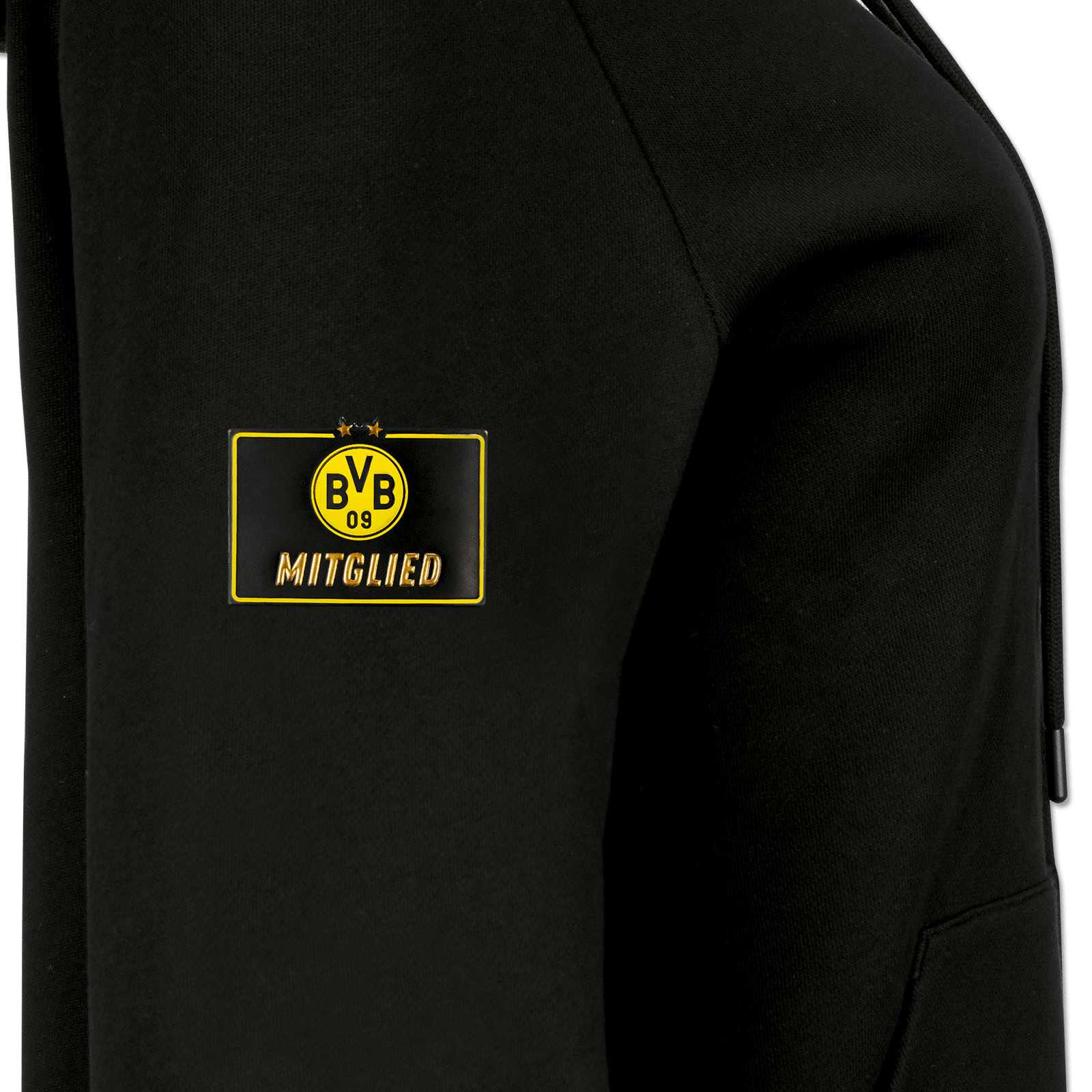 Detailansicht des schwarzgelben BVB-Hoodie Mitglieder für Frauen mit gesticktem BVB-Emblem und der Aufschrift „Mitglied“ am linken Oberarm.