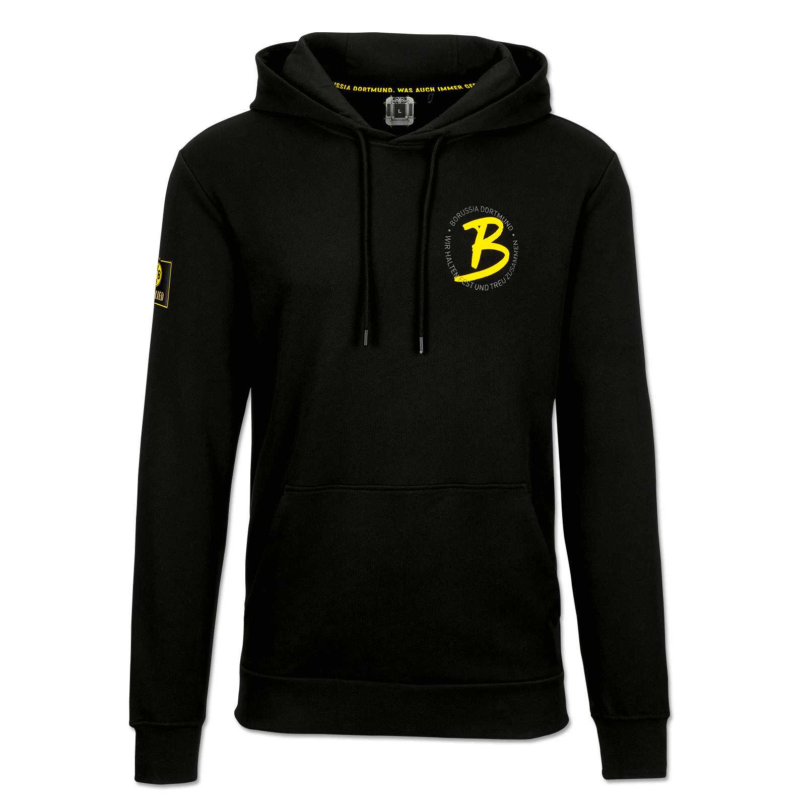 Vorderansicht des schwarzgelben BVB-Hoodie Mitglieder für Herren mit gelbem „B“ und BVB-Schriftzug auf der Brust sowie Patch auf dem linken Ärmel.