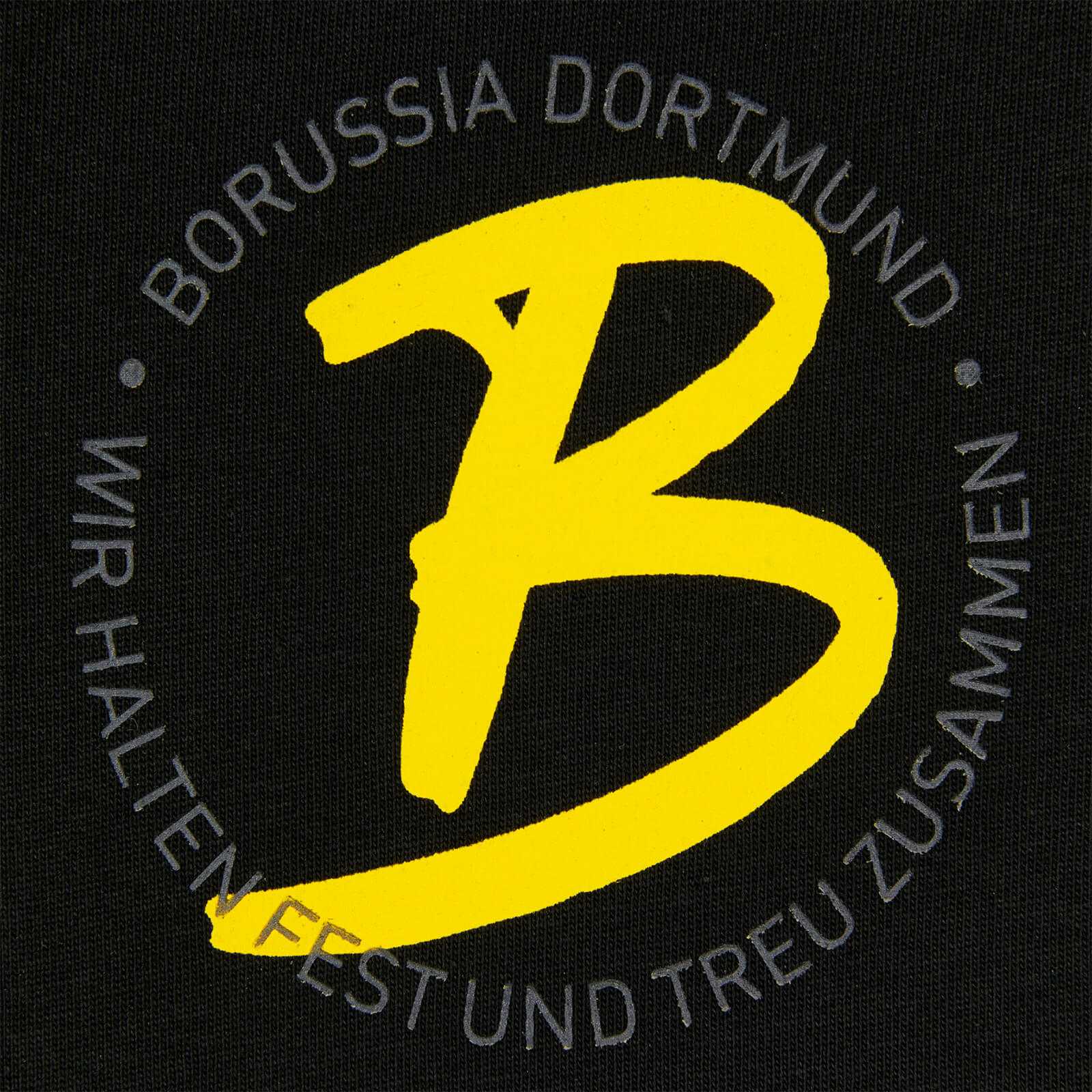 Detailansicht des schwarzgelben BVB-T-Shirt Mitglieder für Frauen mit großem gelbem "B" und grauem Schriftzug "Borussia Dortmund – Wir halten fest und treu zusammen".