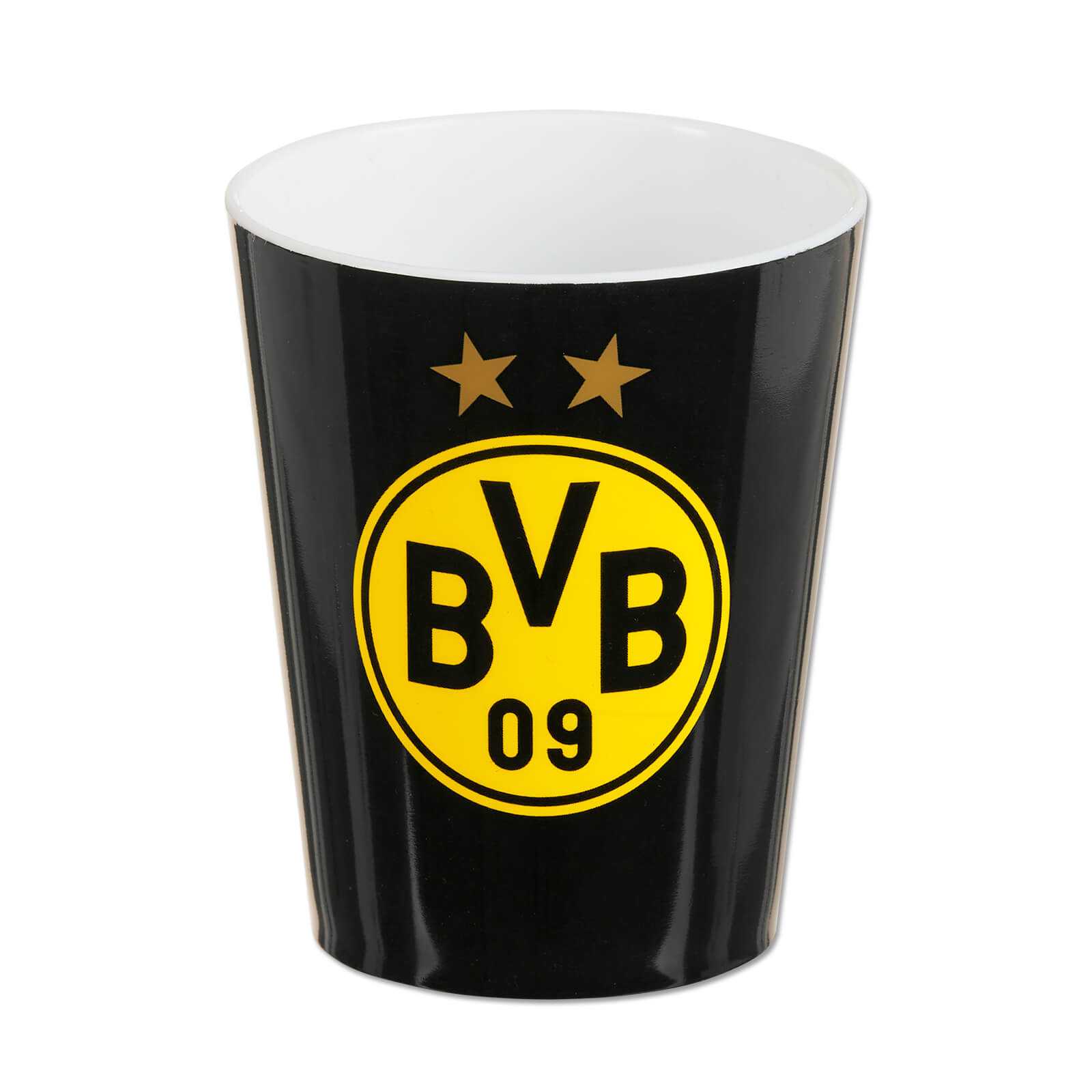 Frontalansicht des schwarzgelben BVB-Zahnputzbechers mit großem BVB-Emblem und zwei goldenen Sternen auf schwarzem Hintergrund.