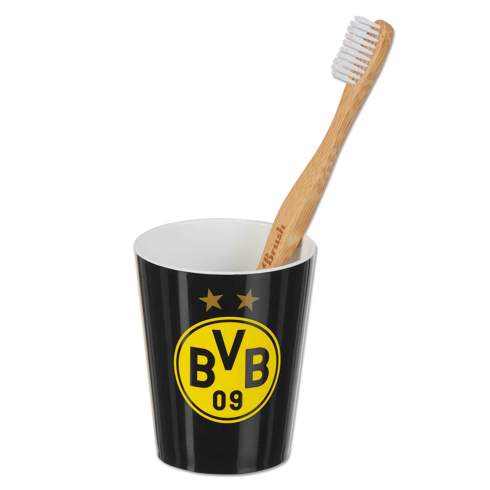 Schwarzgelber BVB-Zahnputzbecher in der Vorderansicht mit großem BVB-Emblem und zwei Sternen, im Becher steckt eine Zahnbürste aus Holz.