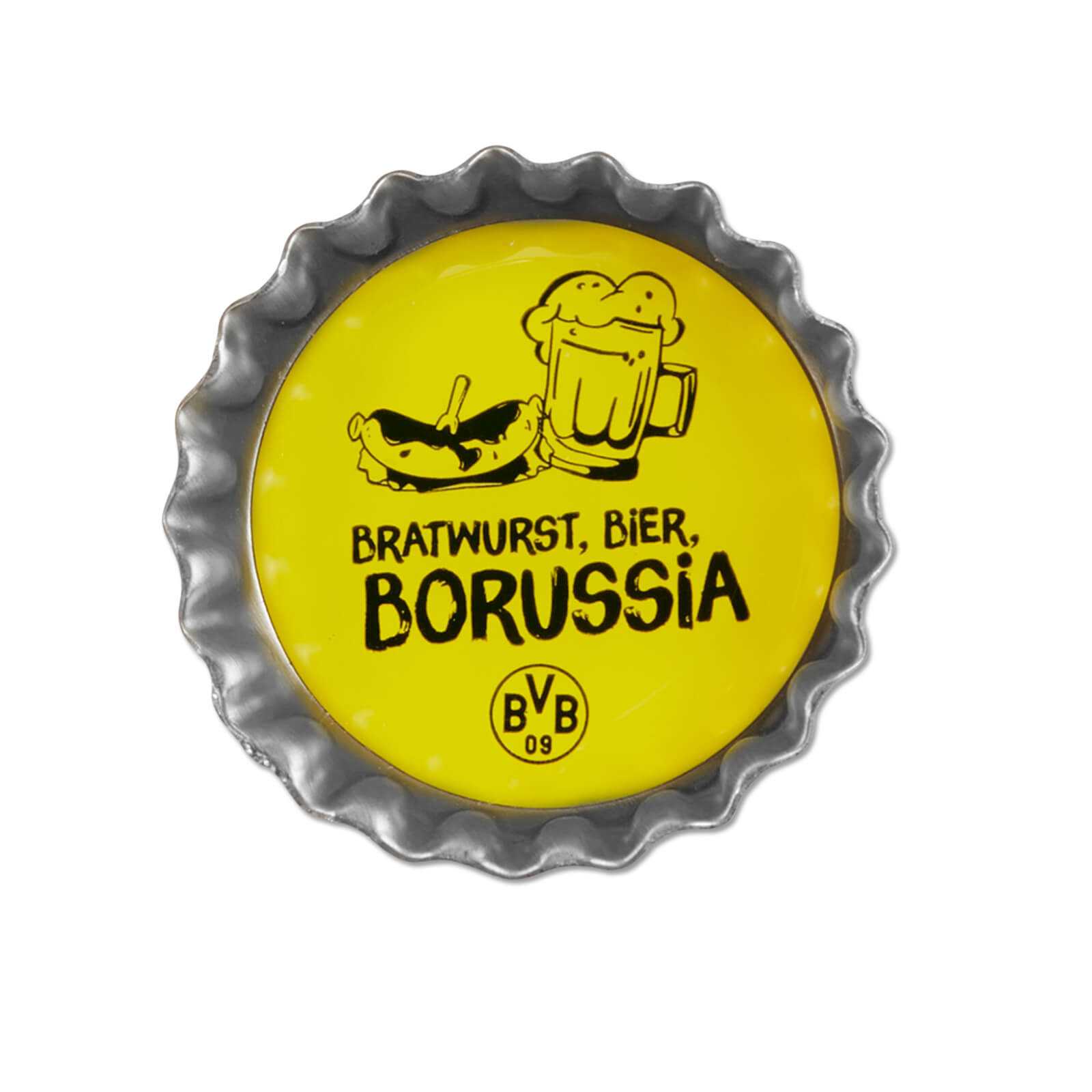 BVB-Magnet-Set Kronkorken in schwarzgelb, Vorderansicht mit Bratwurst-, Bierkrug-Illustration, Schriftzug „Bratwurst, Bier, Borussia“ und BVB-Emblem.