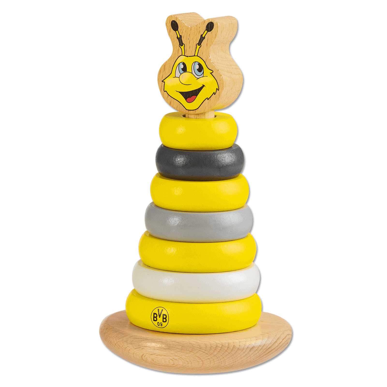 Vorderansicht des BVB-Stapelturms aus Holz mit EMMA-Kopf als Abschluss und schwarzgelben Ringen. Das BVB-Emblem ist auf dem untersten Ring sichtbar.