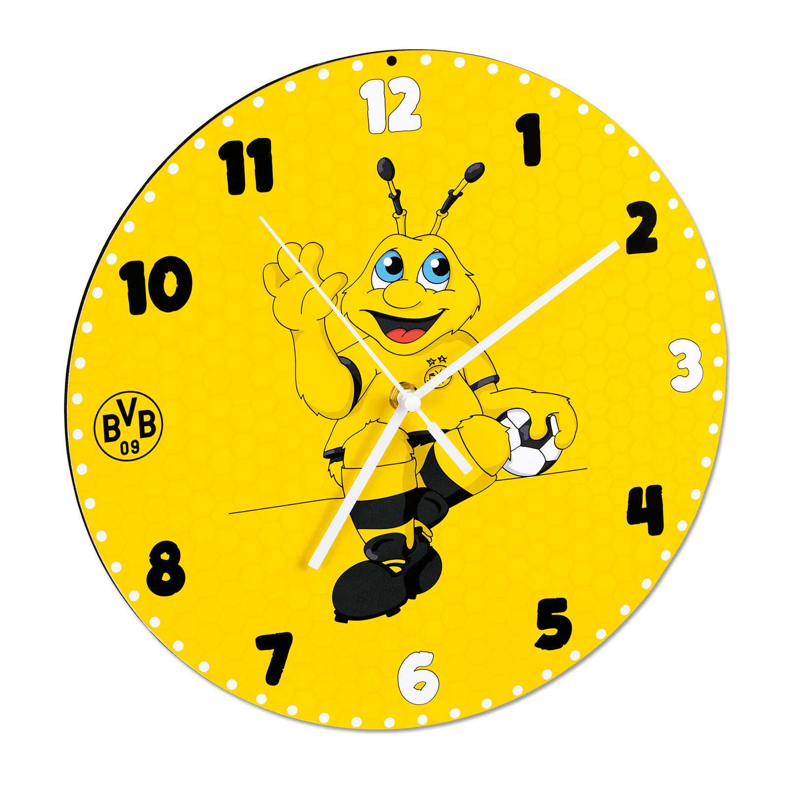 Vorderansicht der gelben BVB-Kinder-Wanduhr EMMA mit BVB-Emblem und großem EMMA-Maskottchen in schwarzgelb, schwarze und weiße Zahlen auf dem Zifferblatt.