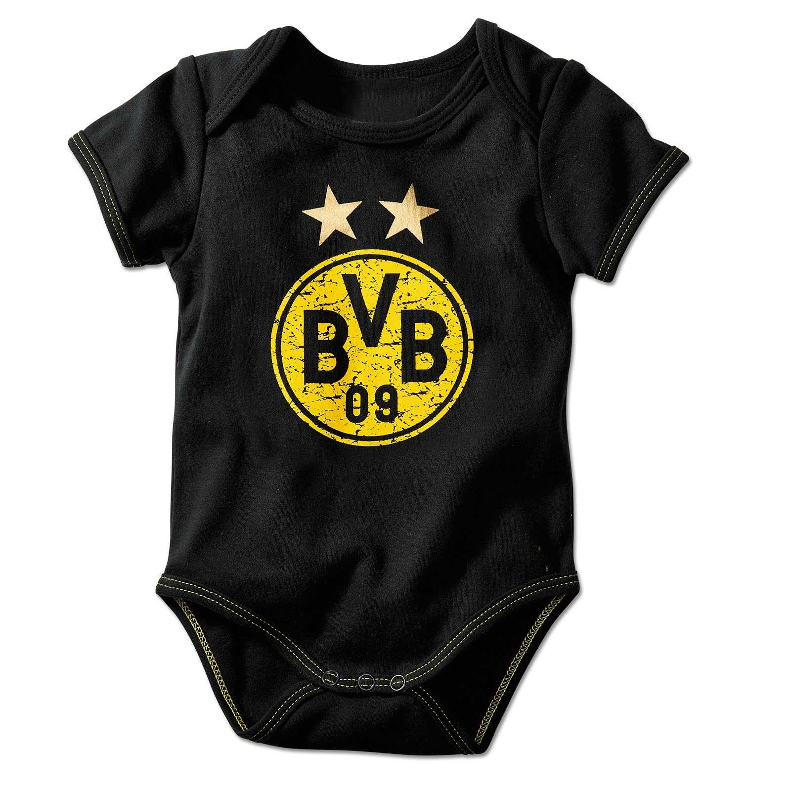 Vorderansicht des schwarzgelben BVB-Babybodys Emblem mit großem, zentralem BVB-Emblem und zwei Sternen auf der Brust.