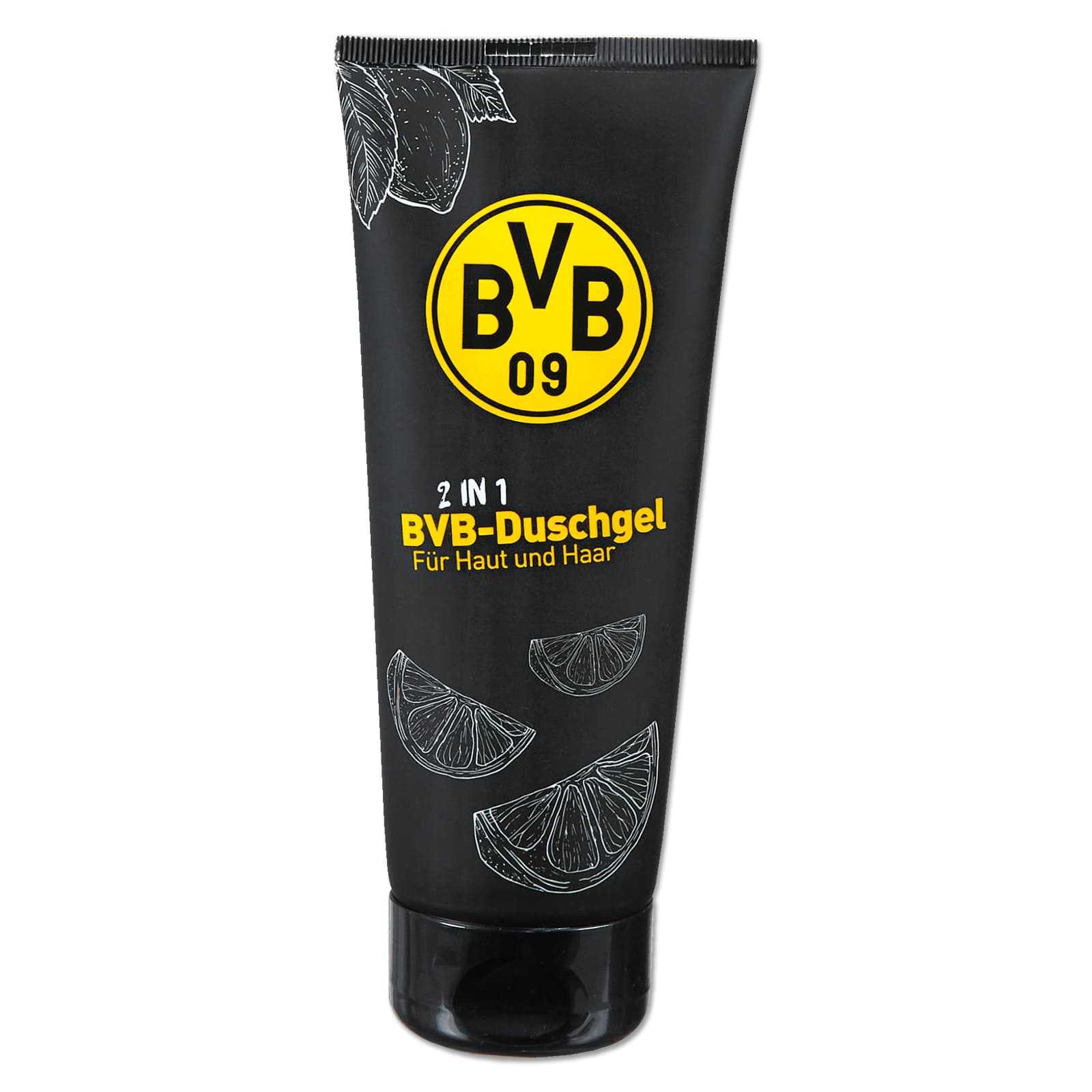 Vorderansicht des BVB-2in1-Duschgels in schwarzgelber Tube mit BVB-Emblem und illustrierten Zitrusscheiben, geeignet für Haut und Haar.