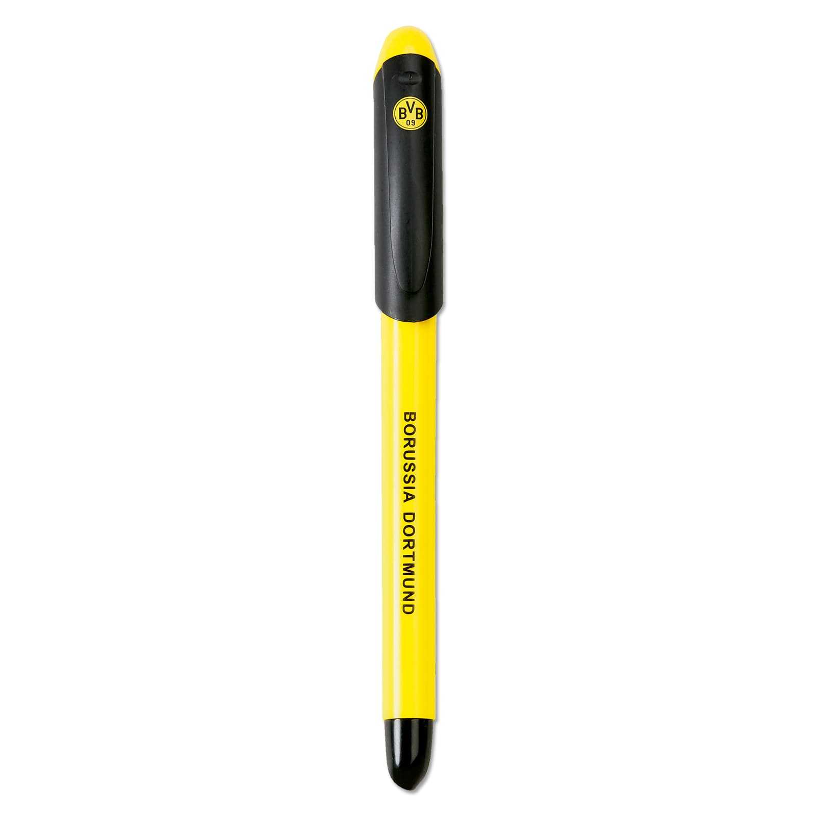 Frontalansicht des BVB Tintenrollers in schwarzgelb mit BVB-Emblem auf der schwarzen Kappe und „BORUSSIA DORTMUND“-Schriftzug auf dem Schaft.