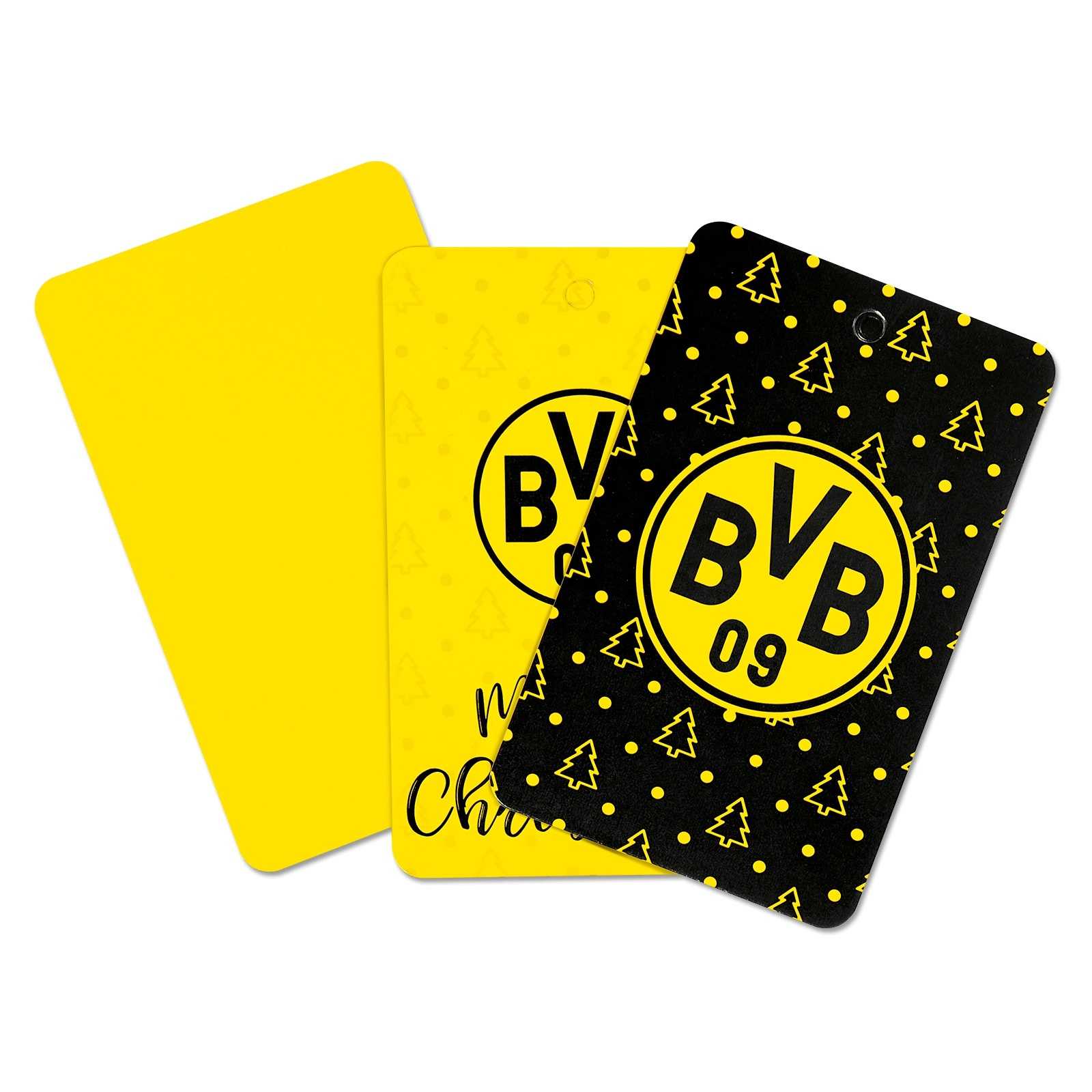 Vorderansicht des BVB Geschenkanhängersets mit drei schwarzgelben Anhängern, jeweils mit BVB-Emblem und weihnachtlichen Motiven.