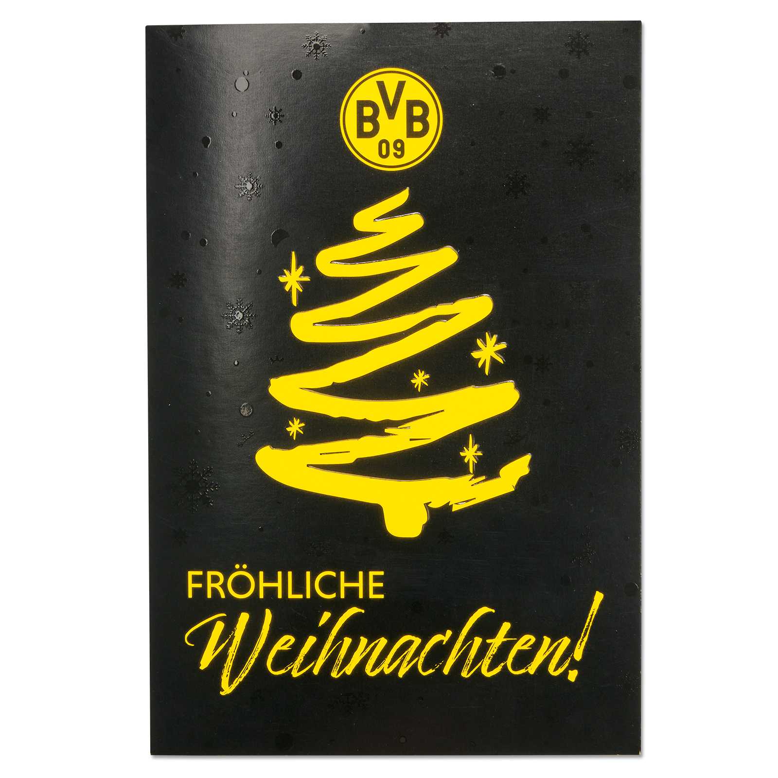 Vorderansicht der BVB Weihnachtsgrußkarte in schwarzgelb mit stilisiertem Weihnachtsbaum, BVB-Emblem und dem Schriftzug „Fröhliche Weihnachten!“.