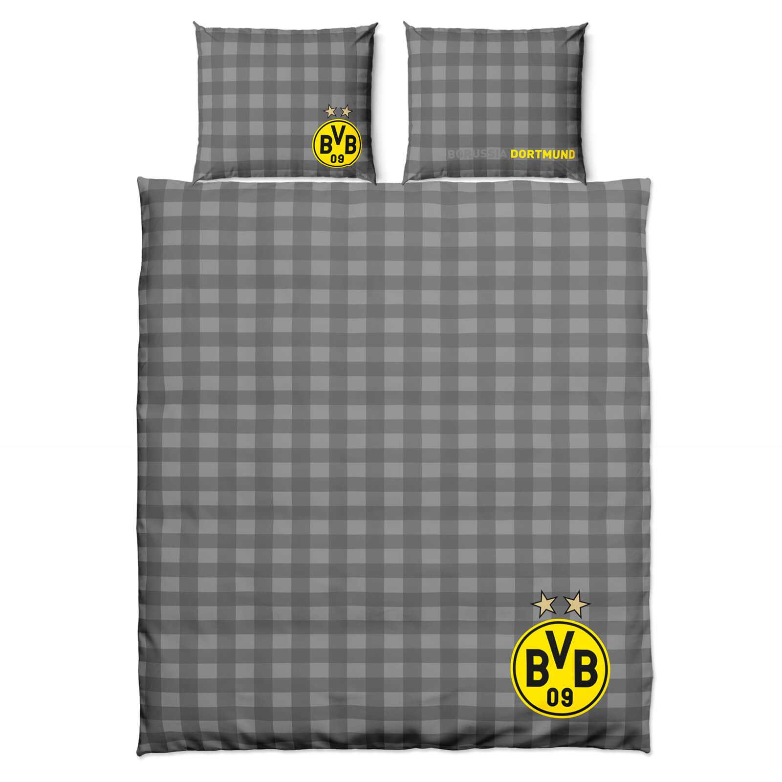 Vorderansicht der BVB Wendebettwäsche (200 x 220) mit grau kariertem Muster und großem BVB-Emblem in schwarzgelb auf Decke und Kissen.