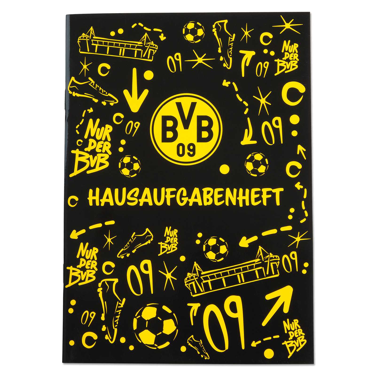 Vorderansicht des schwarzgelben BVB-Hausaufgabenhefts (A5) mit zentralem BVB-Emblem, Fußballmotiven, SIGNAL IDUNA PARK und Schriftzug "Nur der BVB".