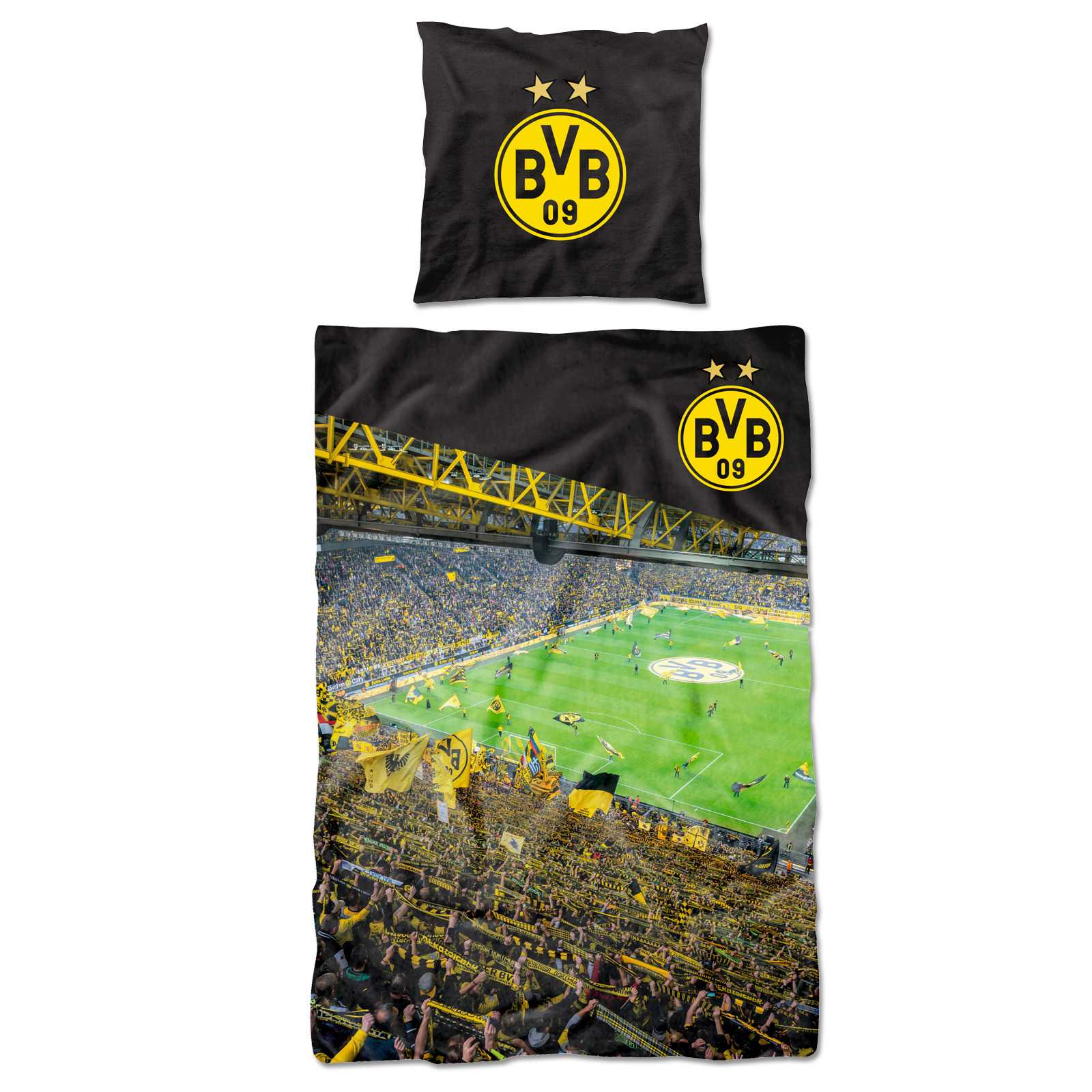 Vorderansicht der BVB-Bettwäsche Südtribüne (135 x 200 cm) mit Stadionmotiv und großem BVB-Emblem auf Kissen und Decke in schwarzgelb.