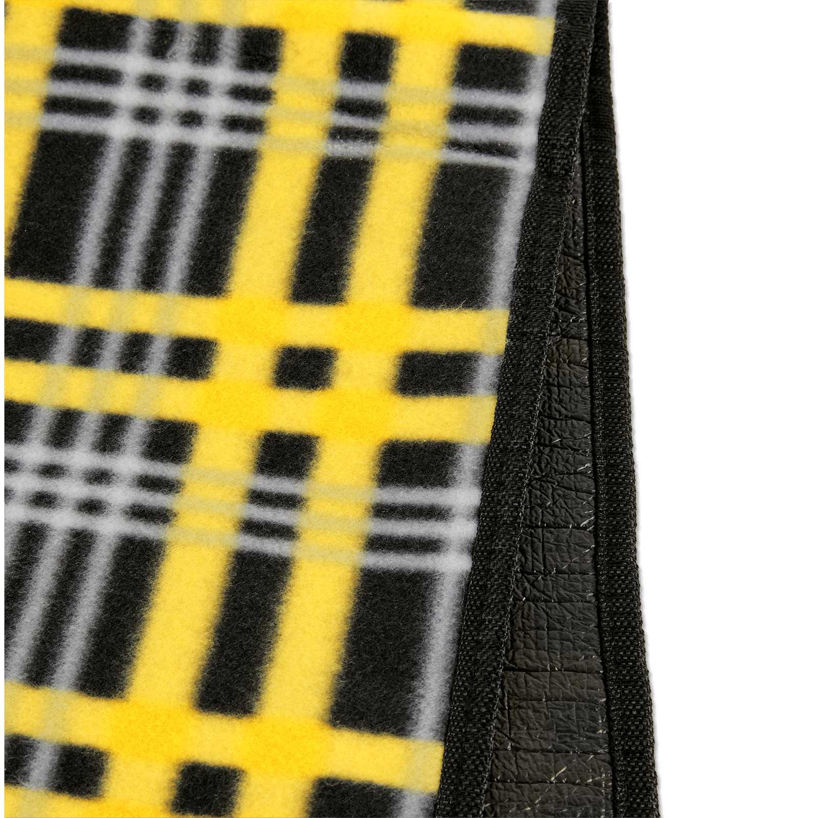Detailansicht der BVB Picknickdecke 130 X 150cm mit schwarzgelbem Karo-Muster und schwarzem Rand. Die strukturierte Unterseite ist sichtbar.