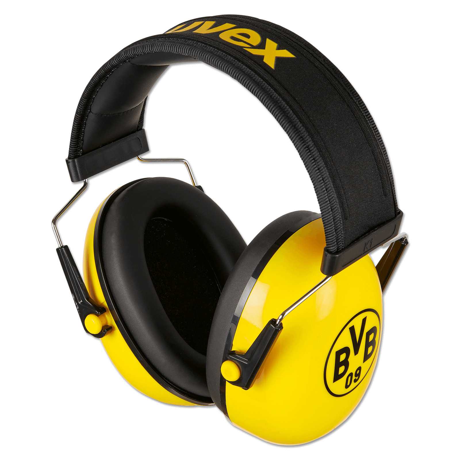 Schrägansicht des schwarzgelben BVB-Kapsel-Gehörschutz K1 mit großem BVB-Emblem auf der Ohrmuschel und uvex-Branding am Kopfbügel.