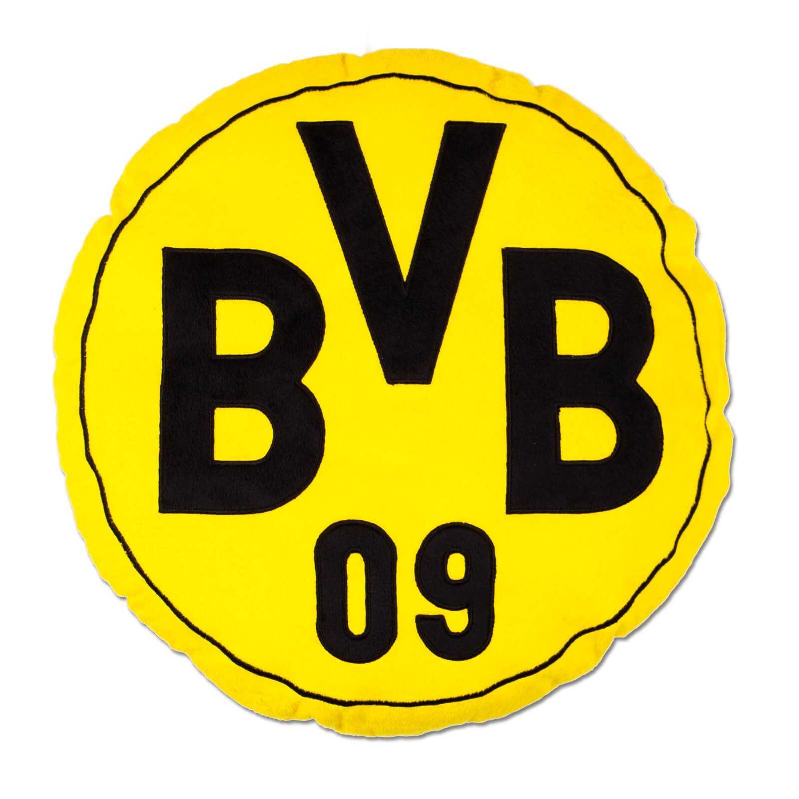 Vorderansicht des runden BVB Kissen in schwarzgelb mit großem BVB-Emblem und „09“-Schriftzug mittig auf gelbem Hintergrund.