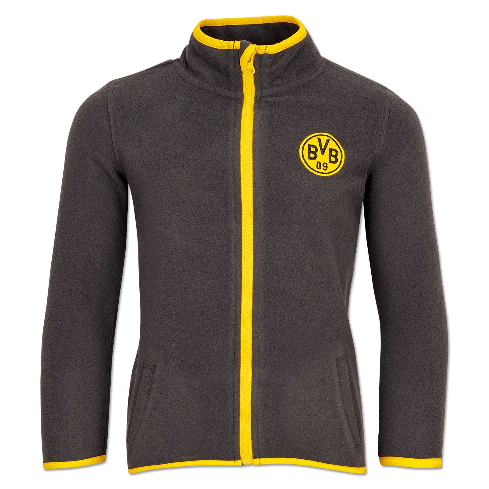 Vorderansicht der BVB-Fleecejacke Baby in dunkelgrau mit gelben Akzenten und BVB-Emblem auf der Brust.