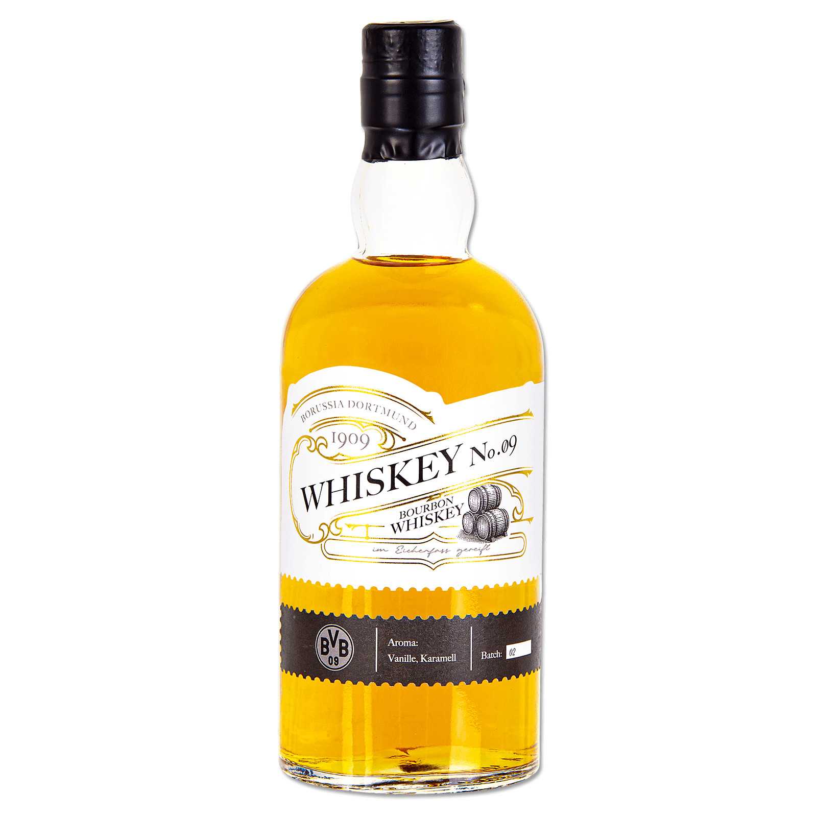 Vorderansicht einer Flasche BVB Bourbon Whiskey mit schwarzgelbem Etikett und BVB 09-Emblem, Geschmacksrichtung Vanille und Karamell erkennbar.