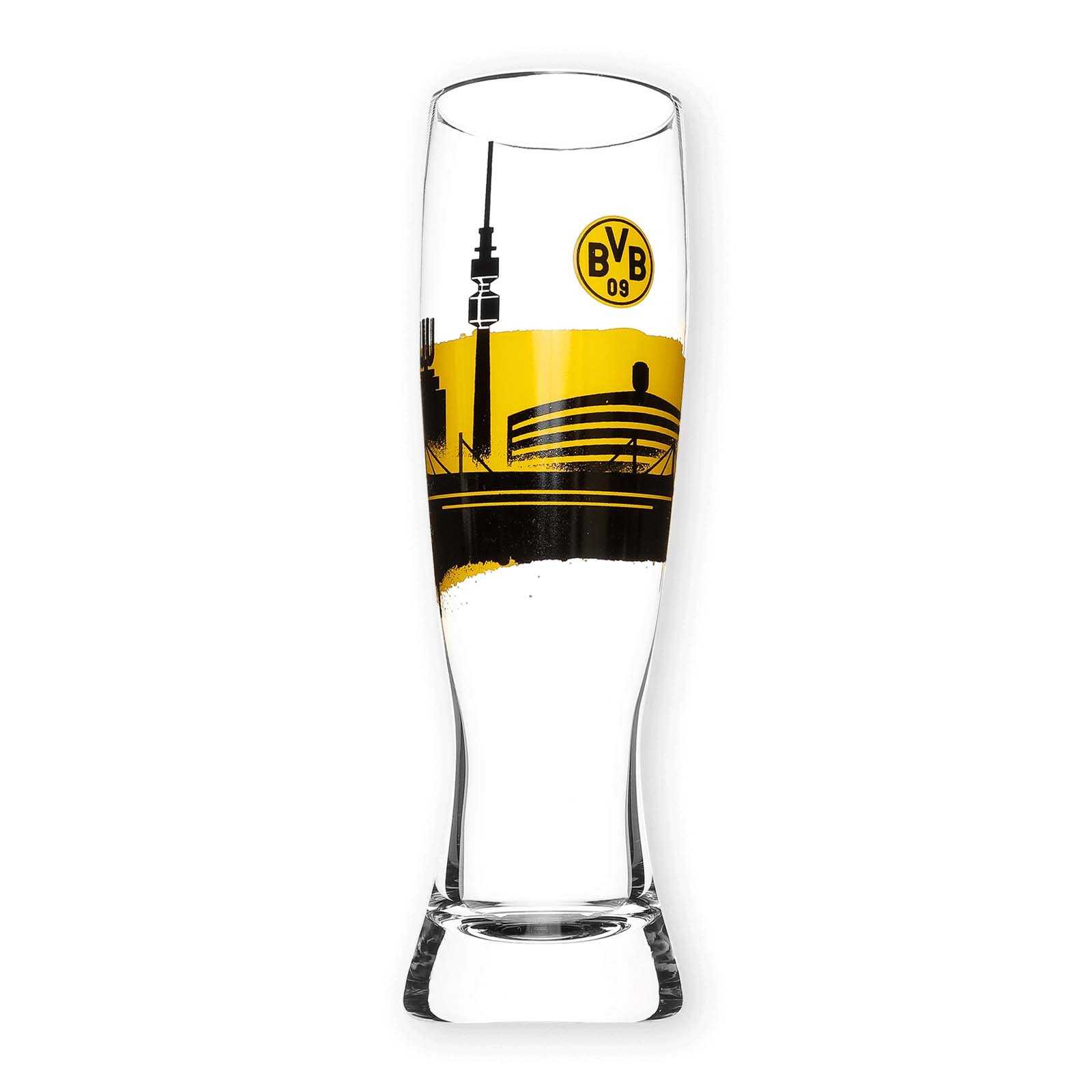 Frontansicht des BVB-Weizenglases mit schwarzgelber Skyline Dortmunds und BVB-Emblem, auf klarem Glas im typischen schlanken Design.
