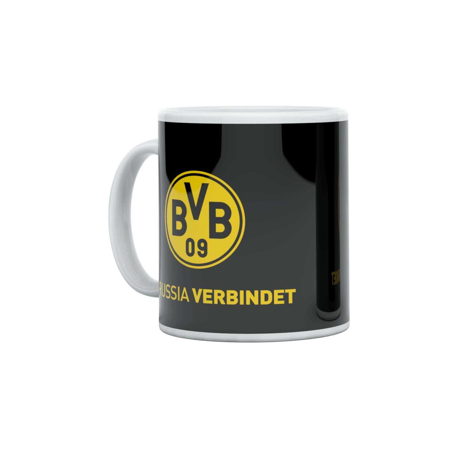 Vorderansicht der BVB Tasse Leuchte auf in schwarzgelb mit großem BVB-Emblem und gelbem Schriftzug "Borussia verbindet" auf dunklem Hintergrund.