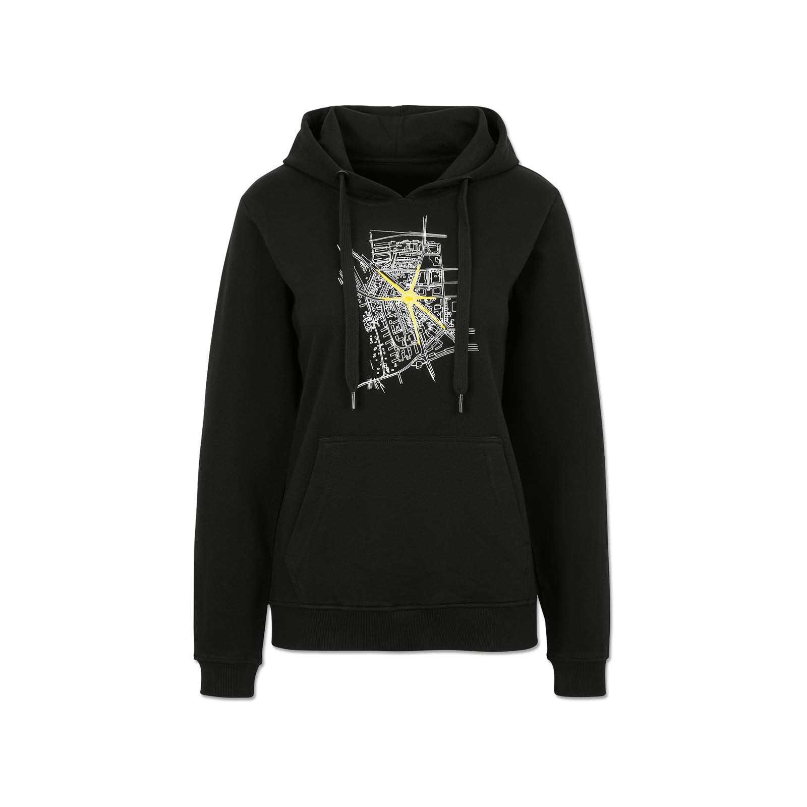 Vorderansicht des schwarzgelben BVB Hoodie Leuchte auf, Kinder mit gelbem Stern und weißem Stadtplan-Print auf der Brust.