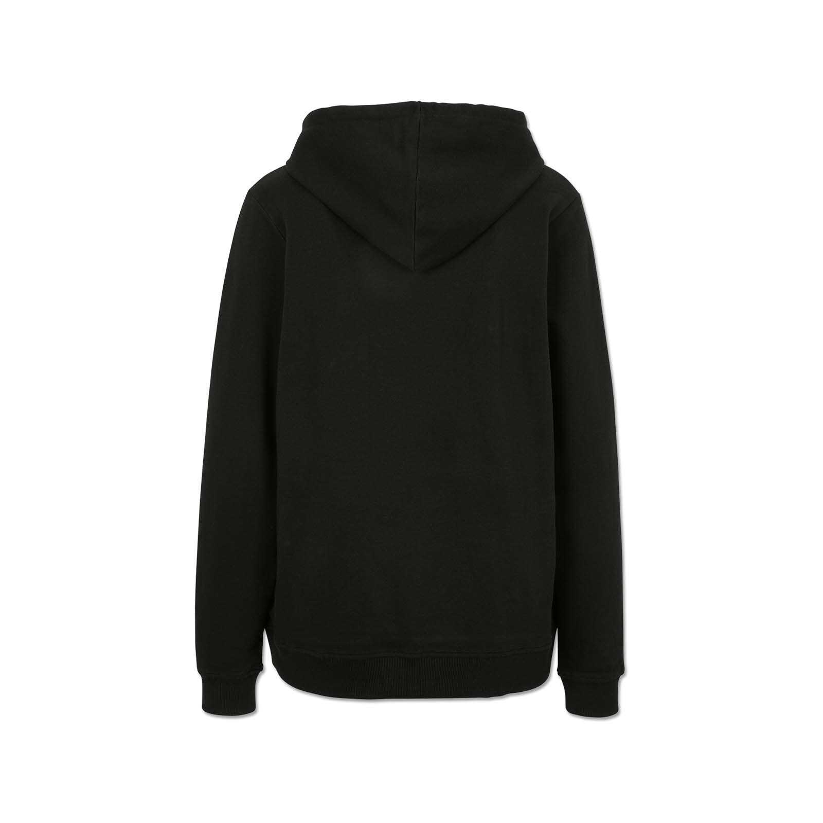 Rückansicht des schwarzen BVB Hoodie Leuchte auf, Kinder, mit Kapuze und langen Ärmeln, ohne sichtbares BVB-Emblem oder weitere Details.