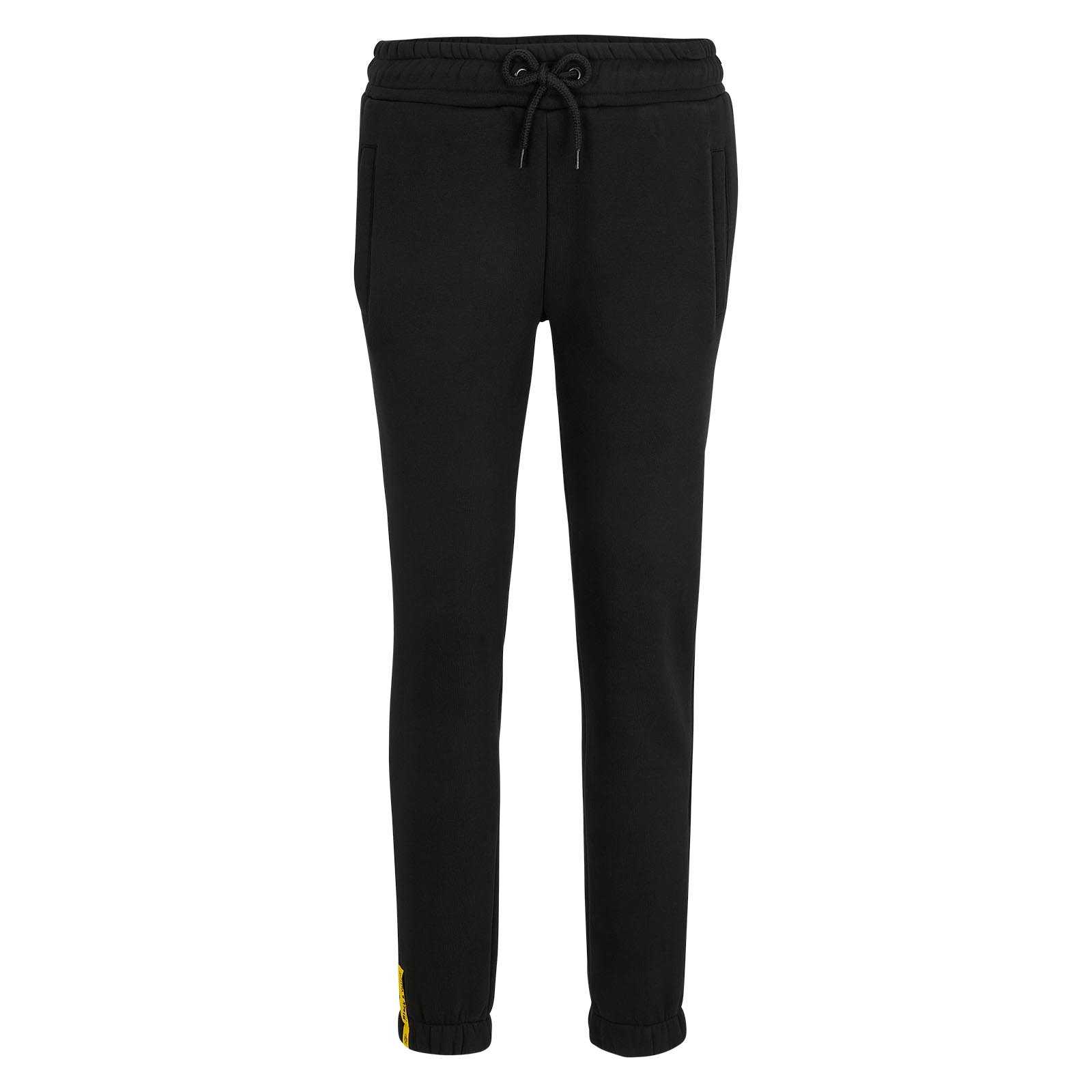 Vorderansicht der schwarzgelben BVB Sweathose Frauen Est. 1909 mit elastischem Bund, Kordelzug und kleinem BVB-Emblem am linken Bein.