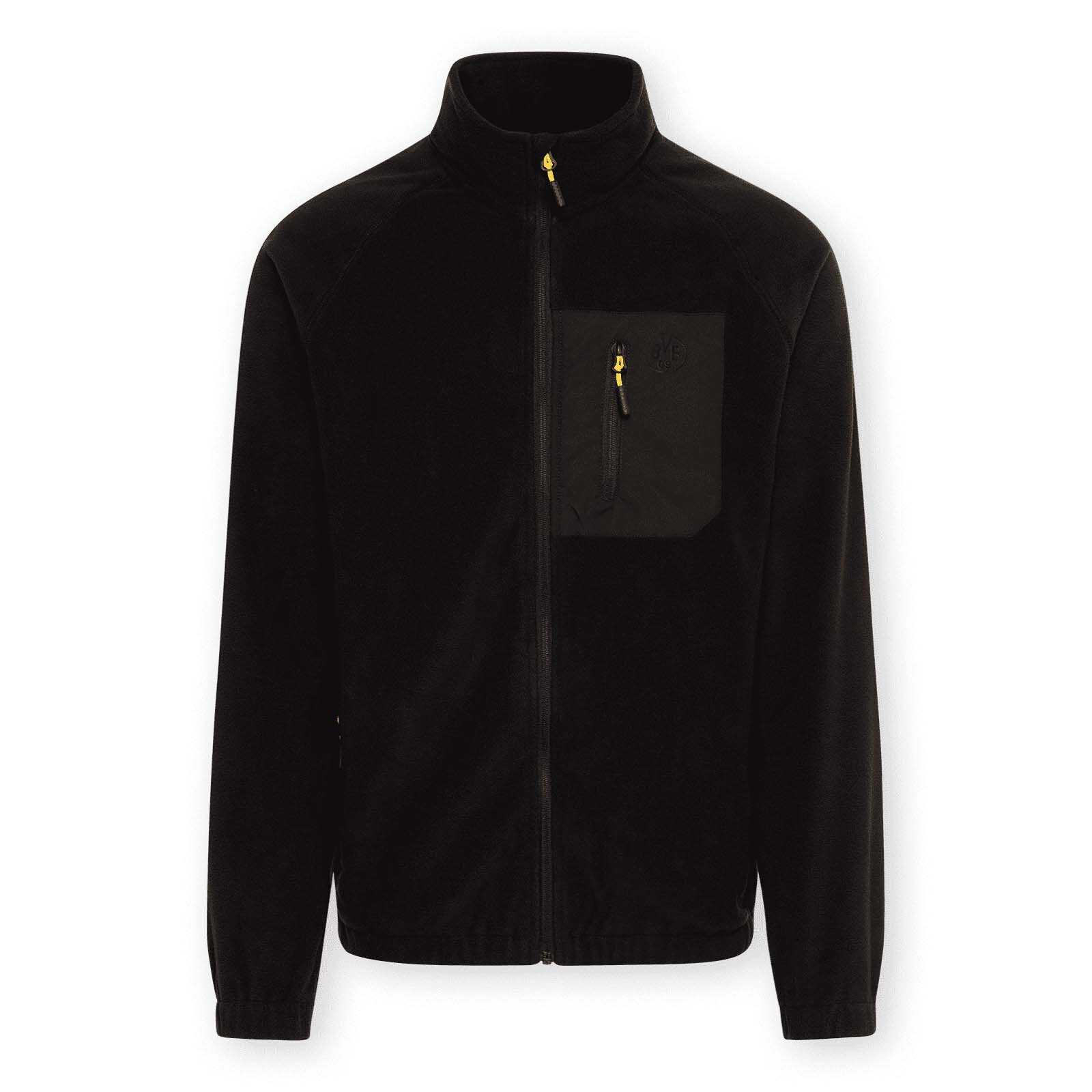 Vorderansicht der schwarzen BVB-Fleecejacke mit Stehkragen, Reißverschluss, Brusttasche und dezentem BVB-Emblem auf der linken Brust.