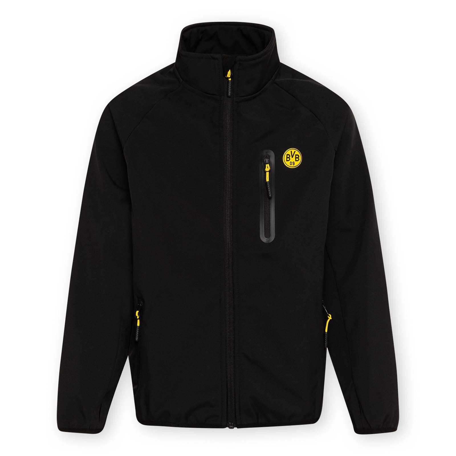 Vorderansicht der schwarzgelben BVB-Softshelljacke Kinder mit gelben Zippern und BVB-Emblem auf der linken Brust.